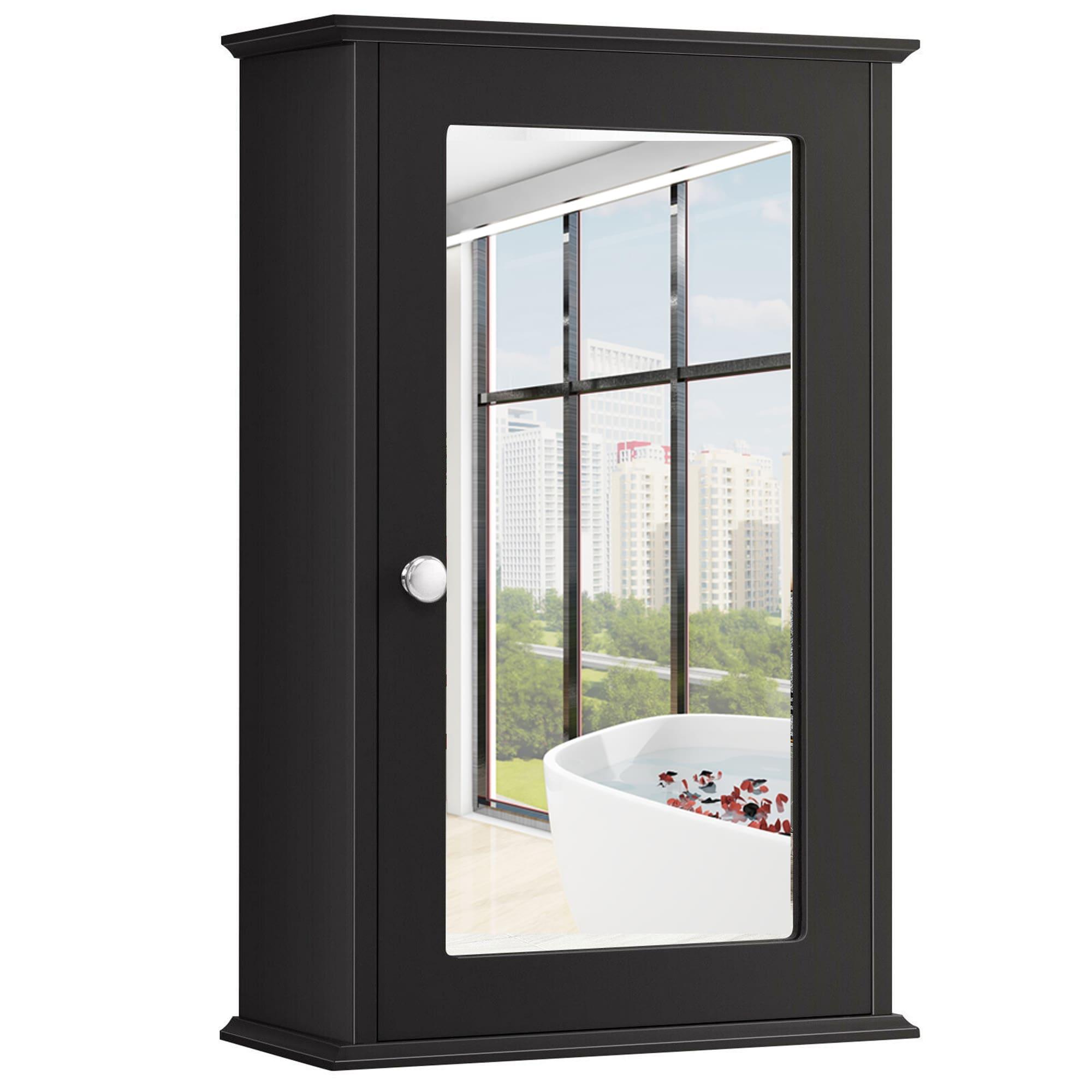 Costway Bathroom Wall Cabinet Single Mirror Door Cupboard Storage Wood Shelf Brown