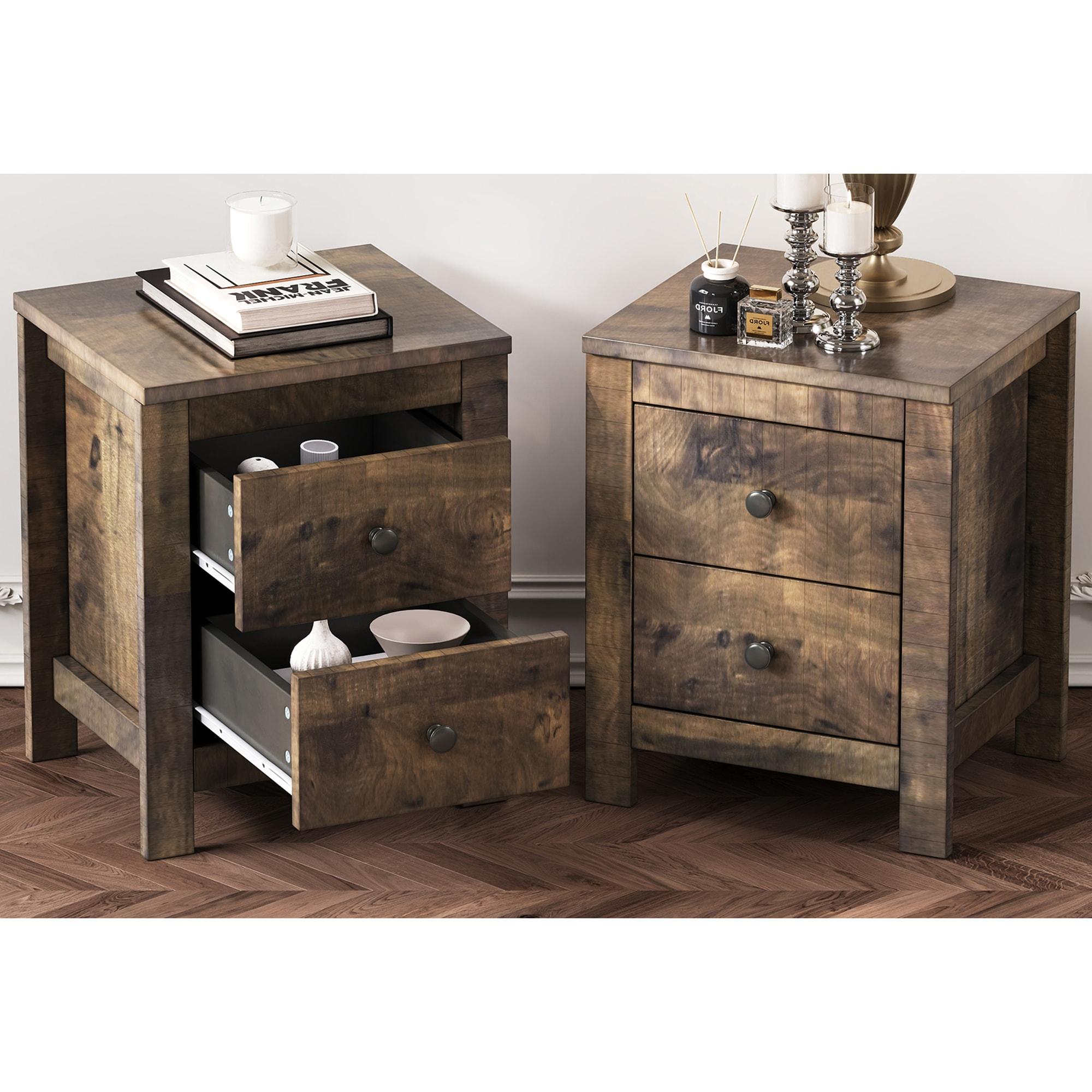 Rustic Walnut Wood Nightstand Set with Two Drawers
