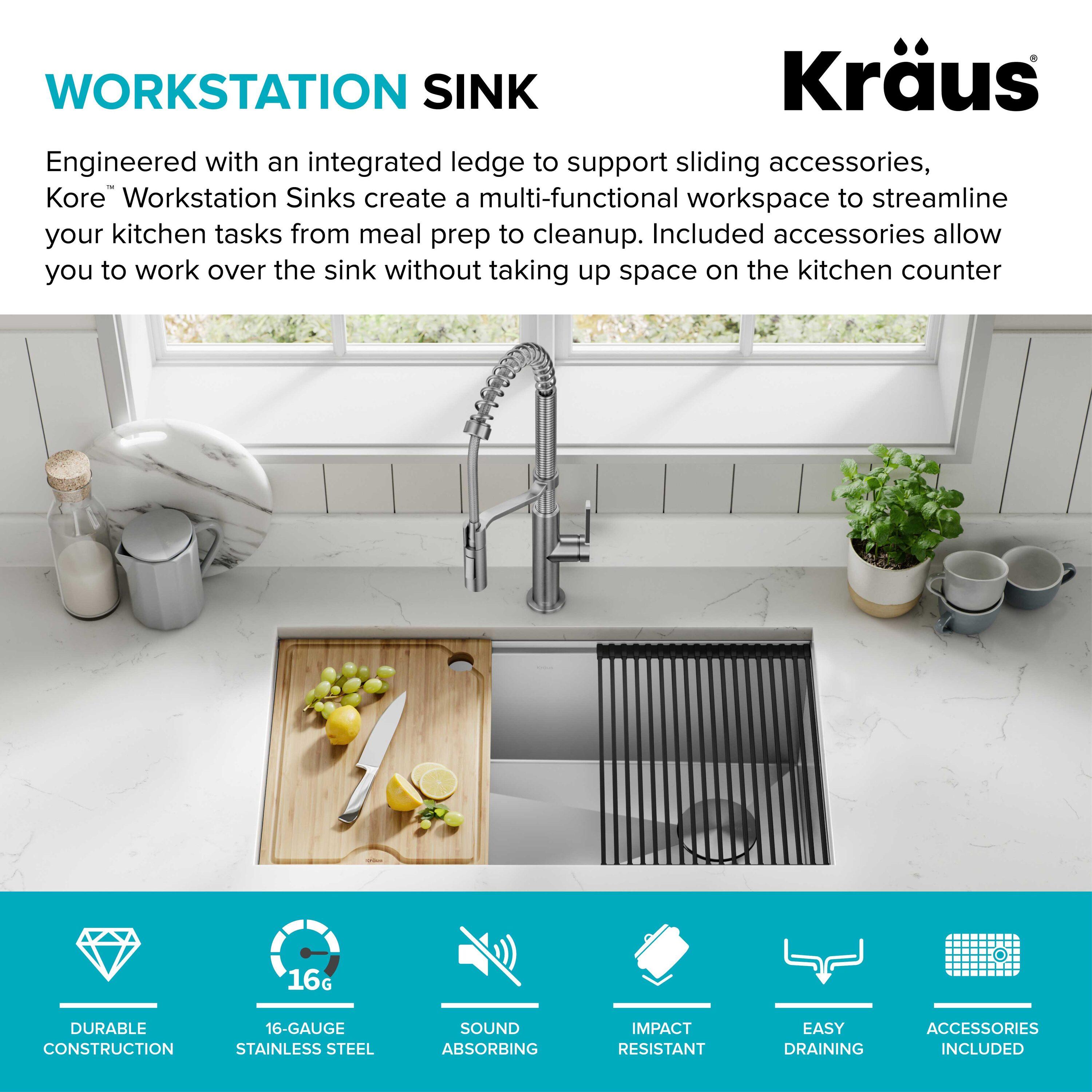 KRAUS® Kore 32" Undermount Workstation 16 Gauge Single Bowl Stainless Steel Kitchen Sink with Accessories