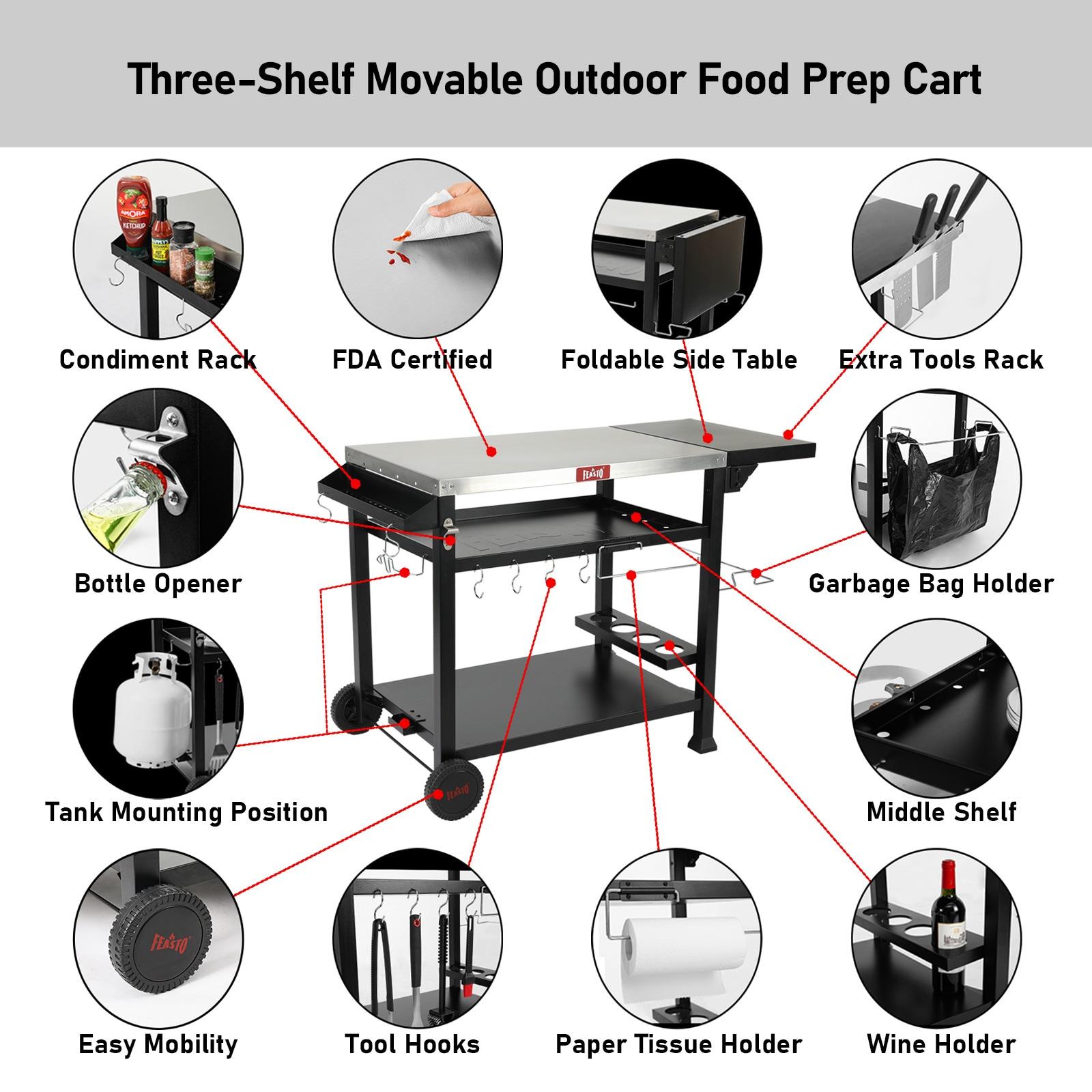 Feasto 50 in. Three-Shelf Stainless Outdoor Movable Food Prep Grill Cart Table with Fordable Side Table