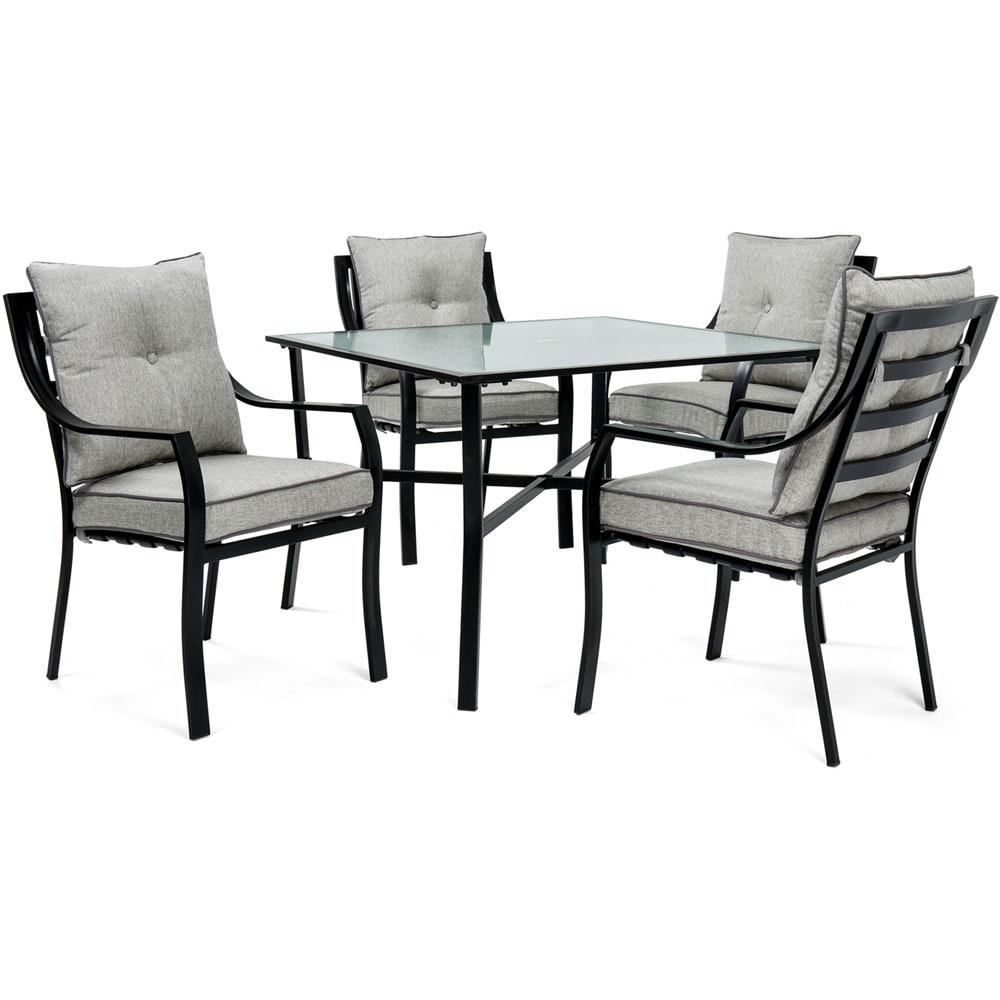 Hanover Lavallette 5-Piece Outdoor Dining Set with 42 in. Square Tempered Glass-Top Patio Table and 4 Cushioned Chairs in Silver| Durable, Heavy-Duty Steel Frames | LAVDN5PC-BLU