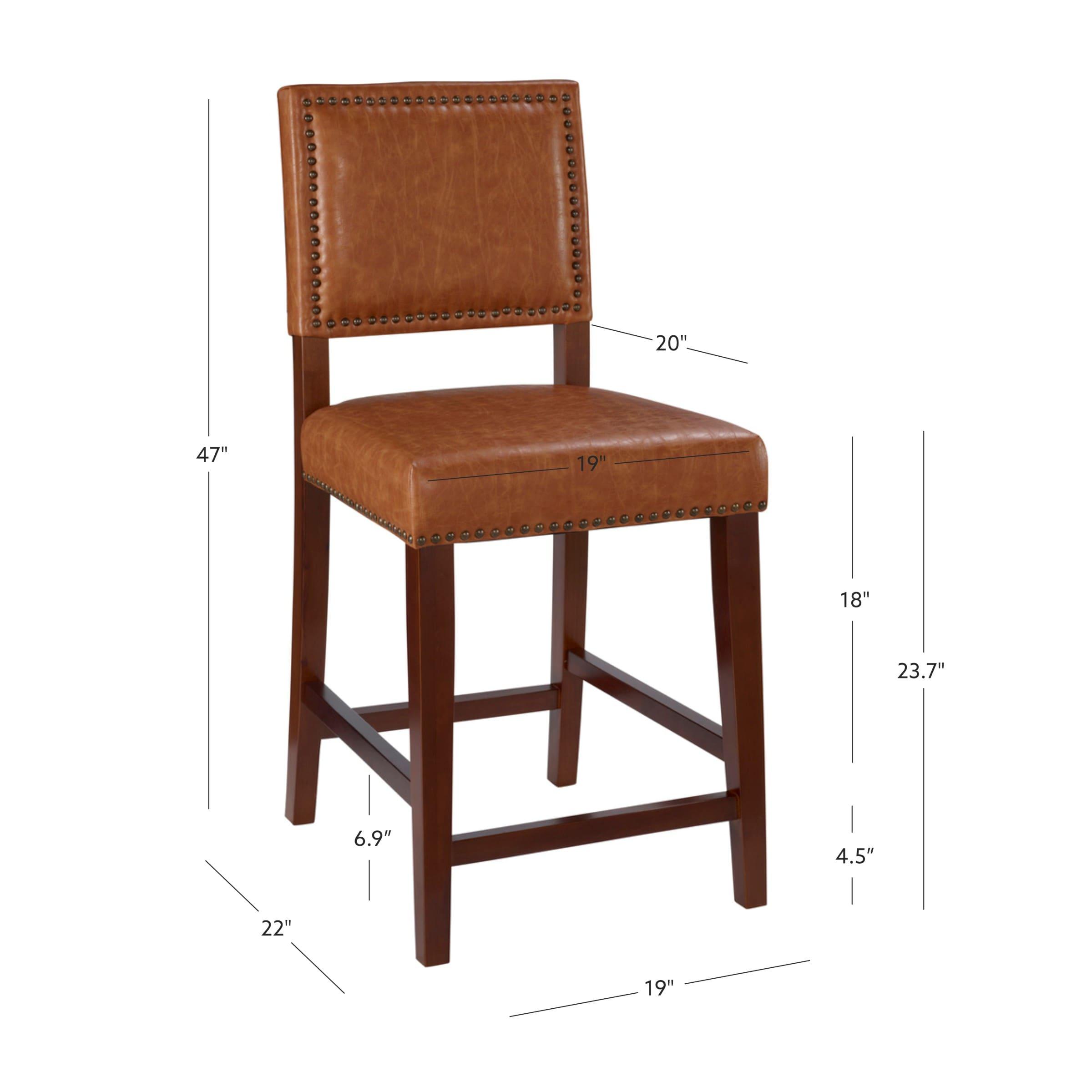 24" Brook Padded Back Faux Leather Nailhead Counter Height Barstool Caramel - Linon: Cherry-Stained Legs, Footrails