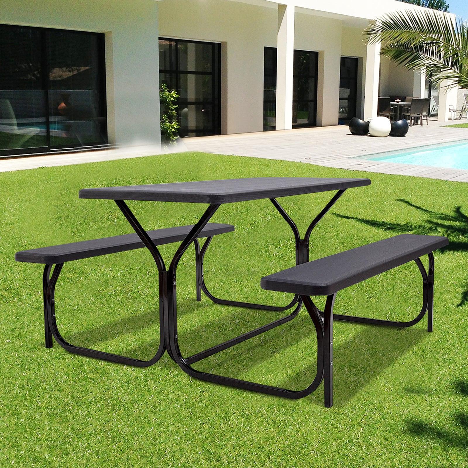 Kepooman Picnic Table, Camping Table, HDPE Outdoor Picnic Table Bench Set with Metal Base-Black