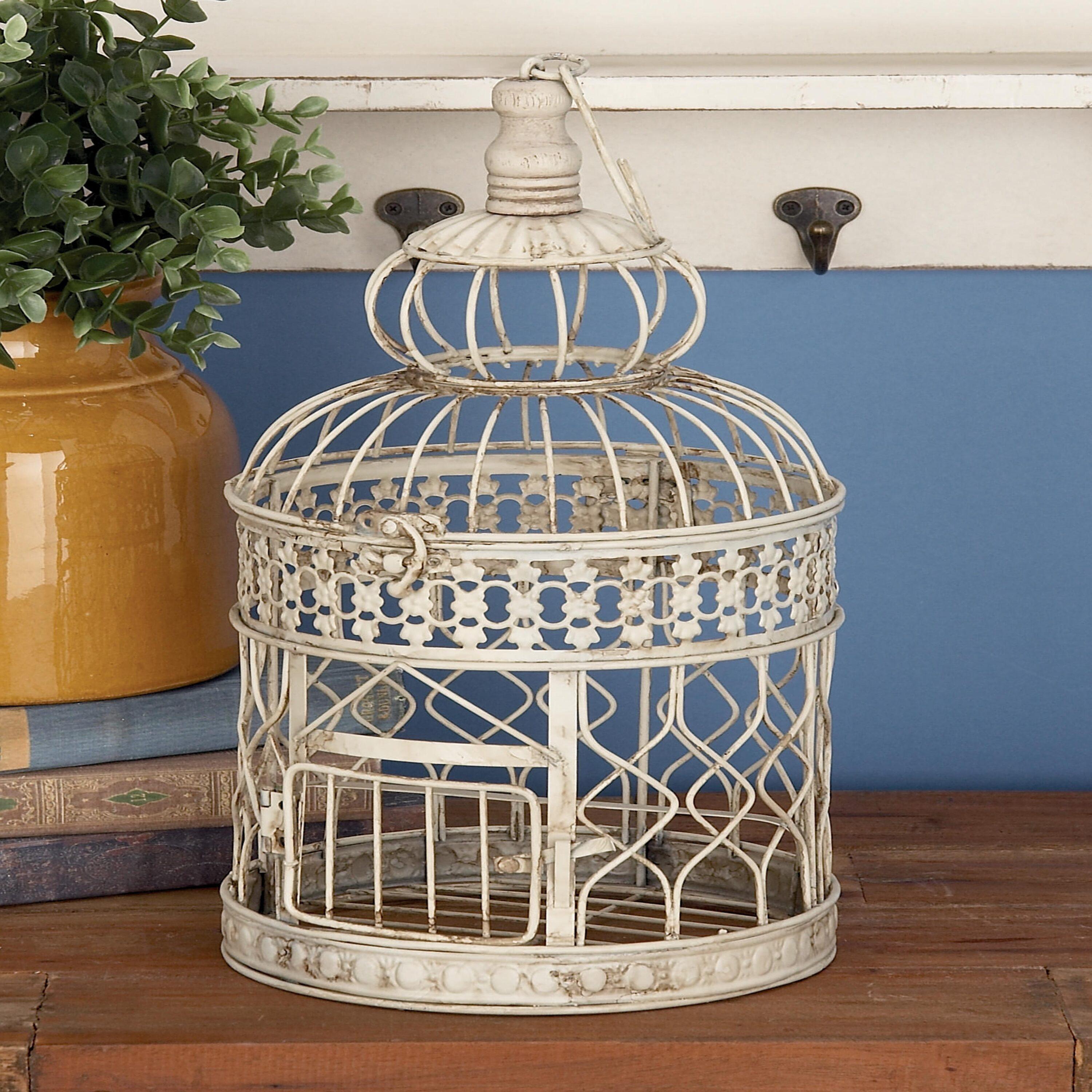 DecMode Hinged Top Cream Metal Birdcage with Latch Lock Closure and Hanging Hook, Set of 2