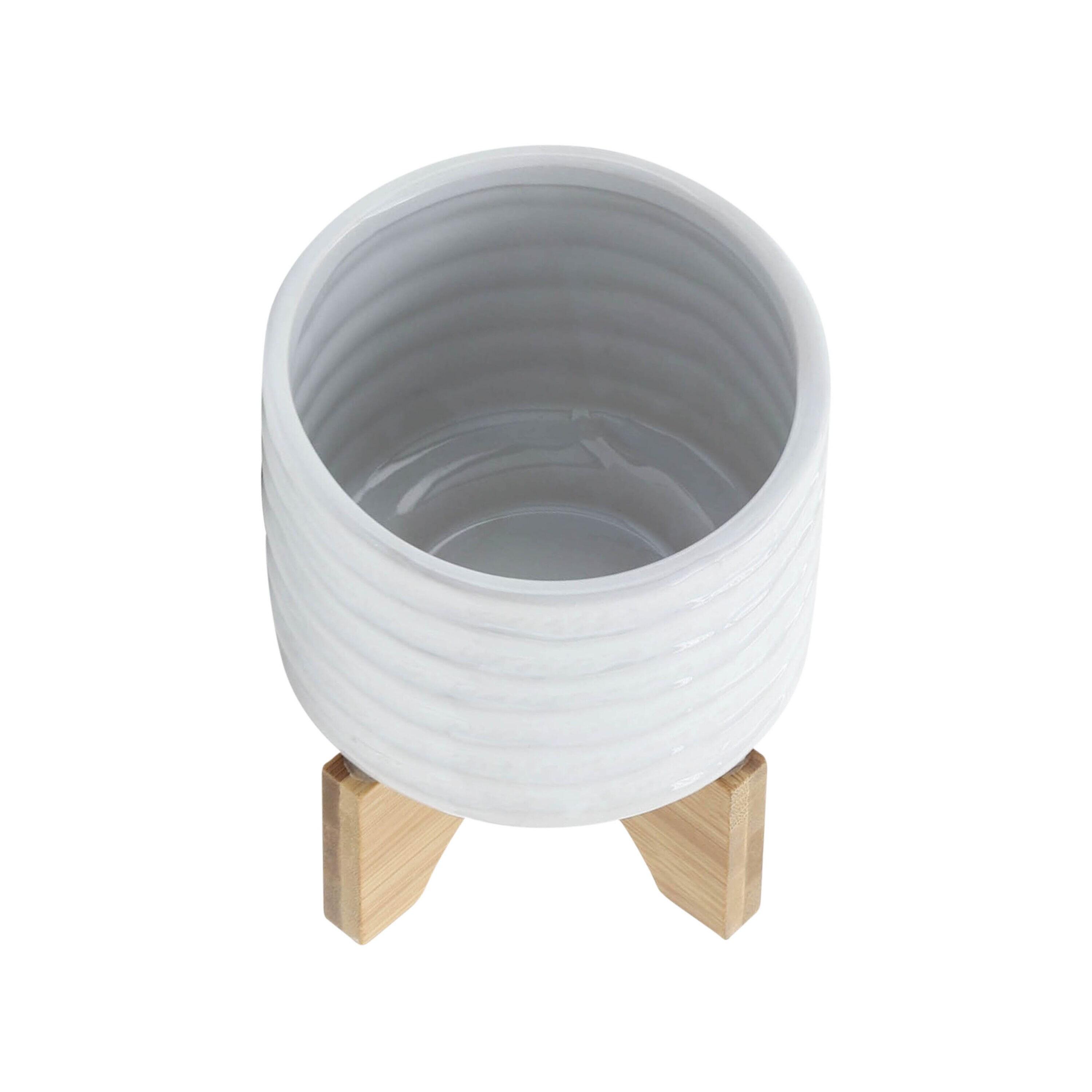 6" Ceramic Planter on Stand White Stripe - Sagebrook Home: Ridged, Wood Stand, Indoor/Outdoor Use