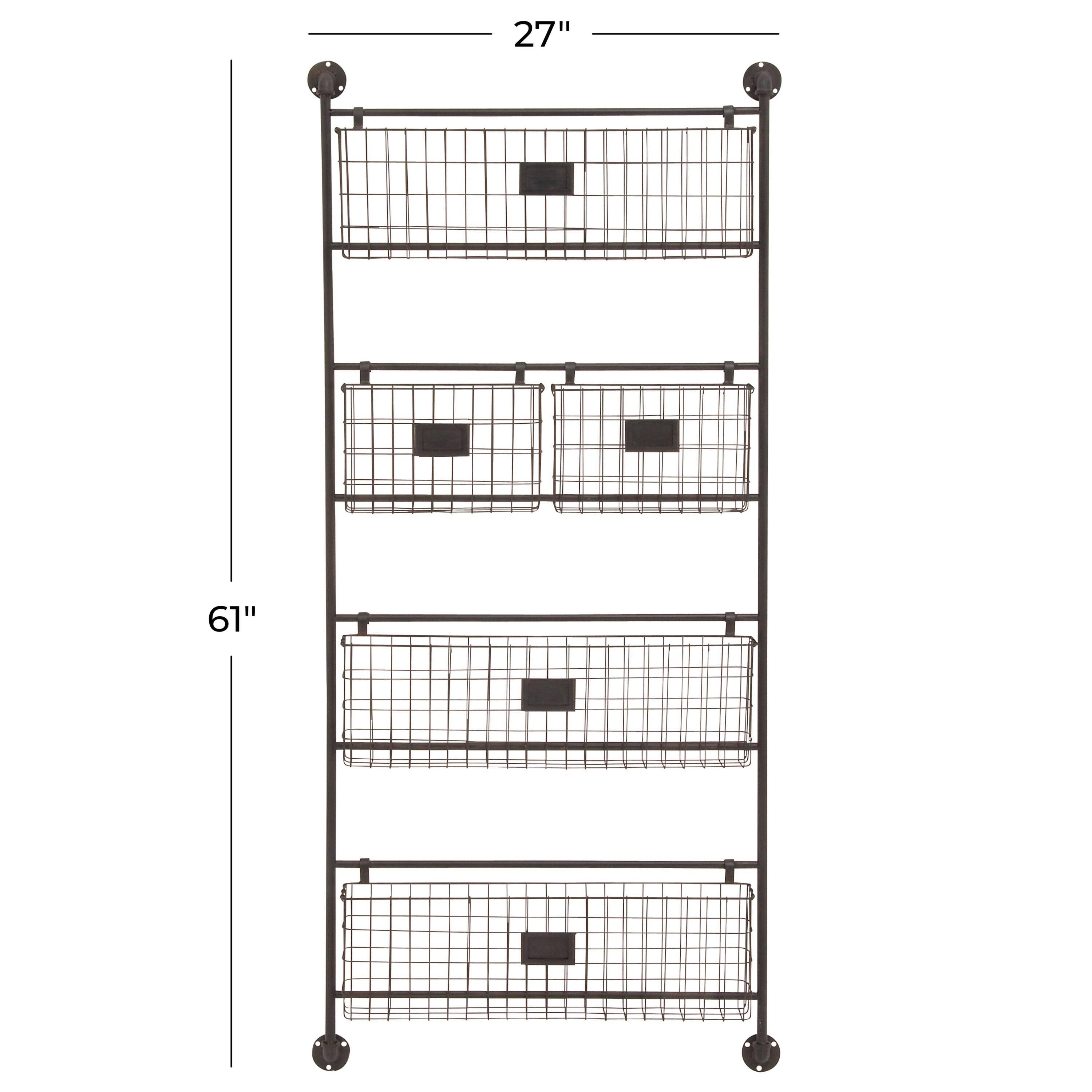 DecMode 4-Tier Industrial Wall Organizer Basket and Magazine Rack Holder, 27"W x 5"L x 61"H, Black Metal with Rustic Distressed Finish