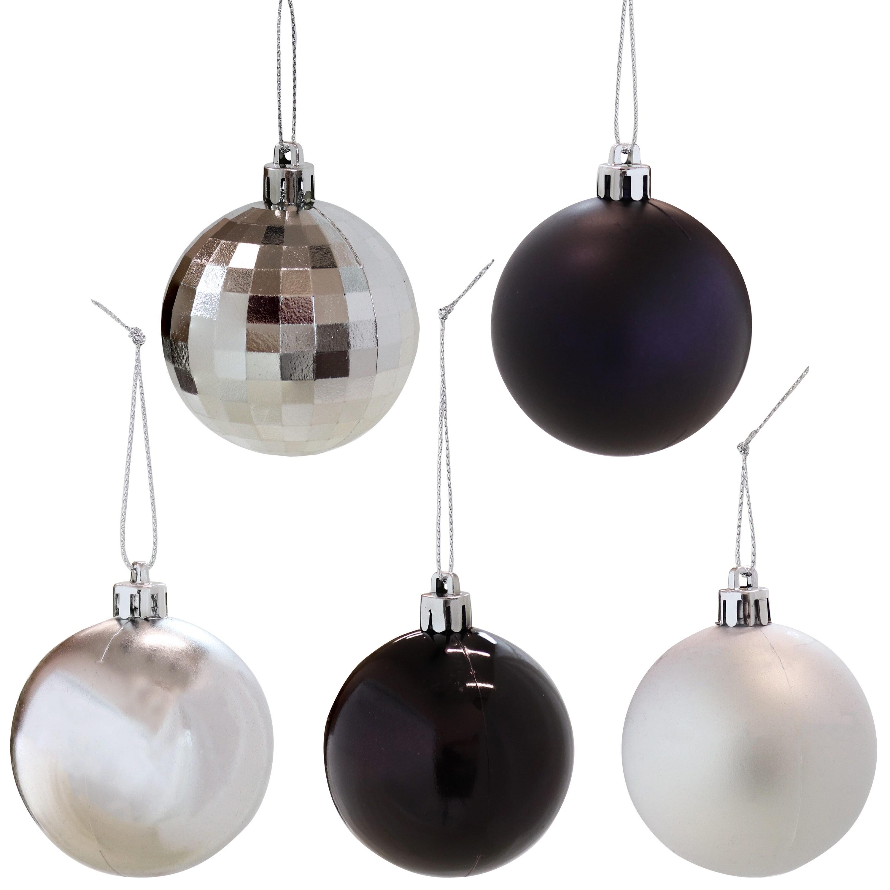 Sunnydaze Indoor Christmas Holiday Tree Shatterproof Bulb Ornaments with String - 63.5 mm - Black and Silver - 50pc