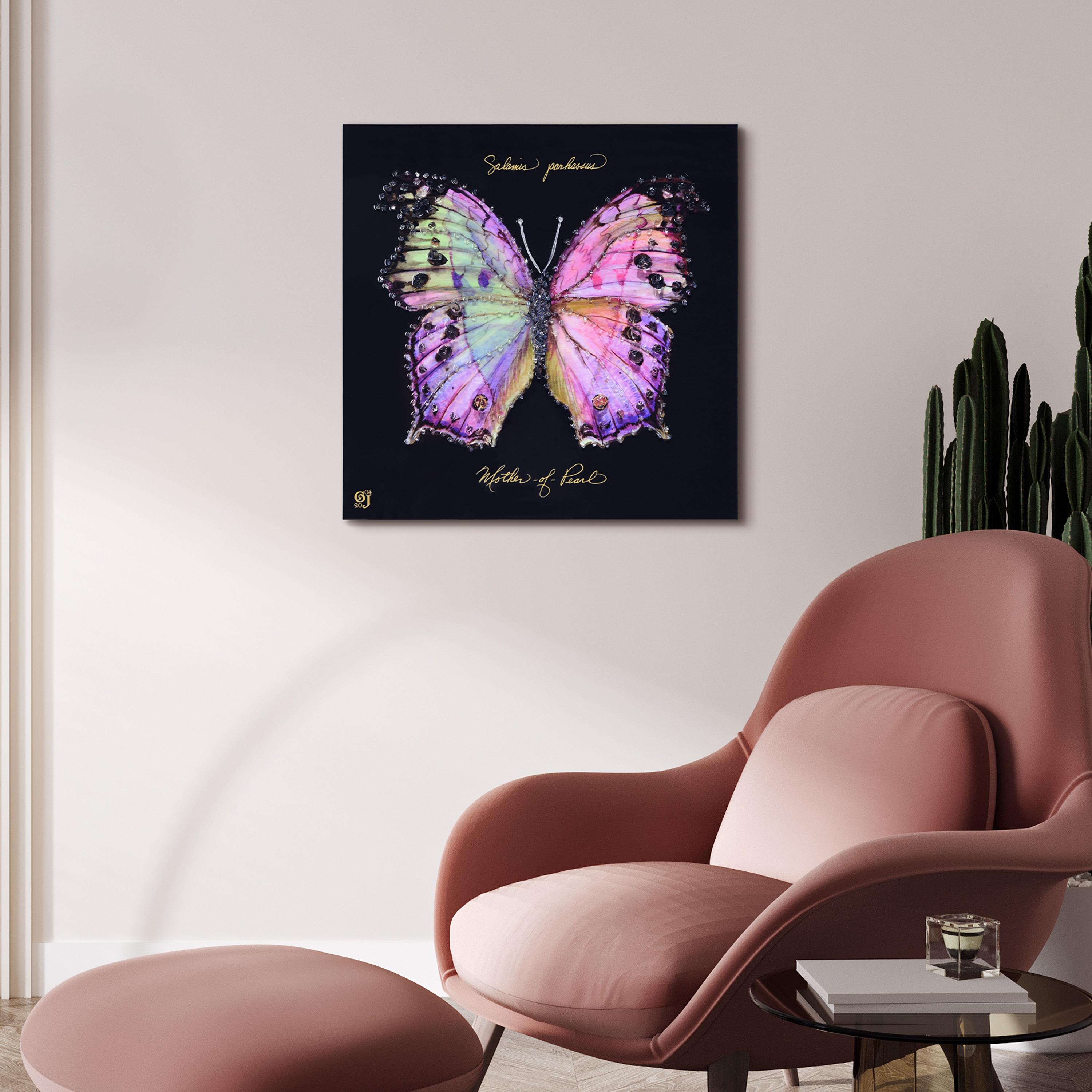 "Pink Monarch Elegance" Crystallus Epoxy Coated Wrapped Glossy Butterfly Canvas Wall Art with Heavy Acrylic Crystal Shards Embellishments