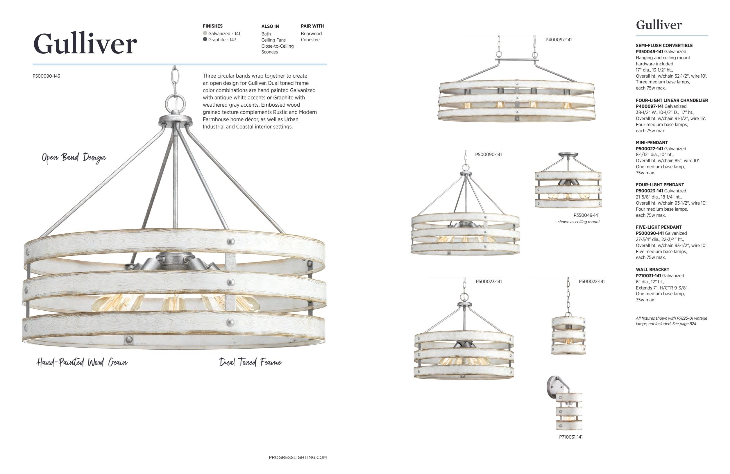 Progress Lighting Gulliver 4-Light Semi-Flush Galvanized Ceiling Light, Wood Grained Texture Shade
