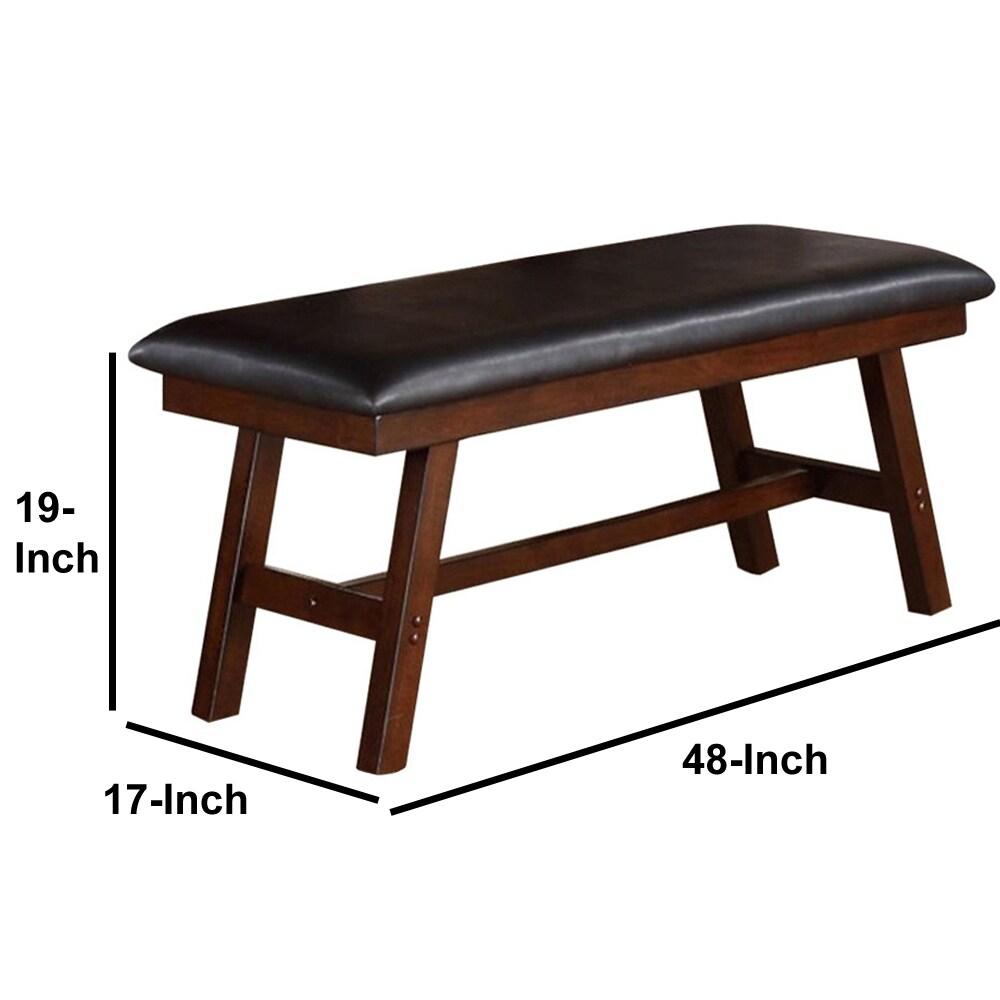 Benjara Rubber Wood Bench With Faux Leather Upholstery, Brown-Size:Large
