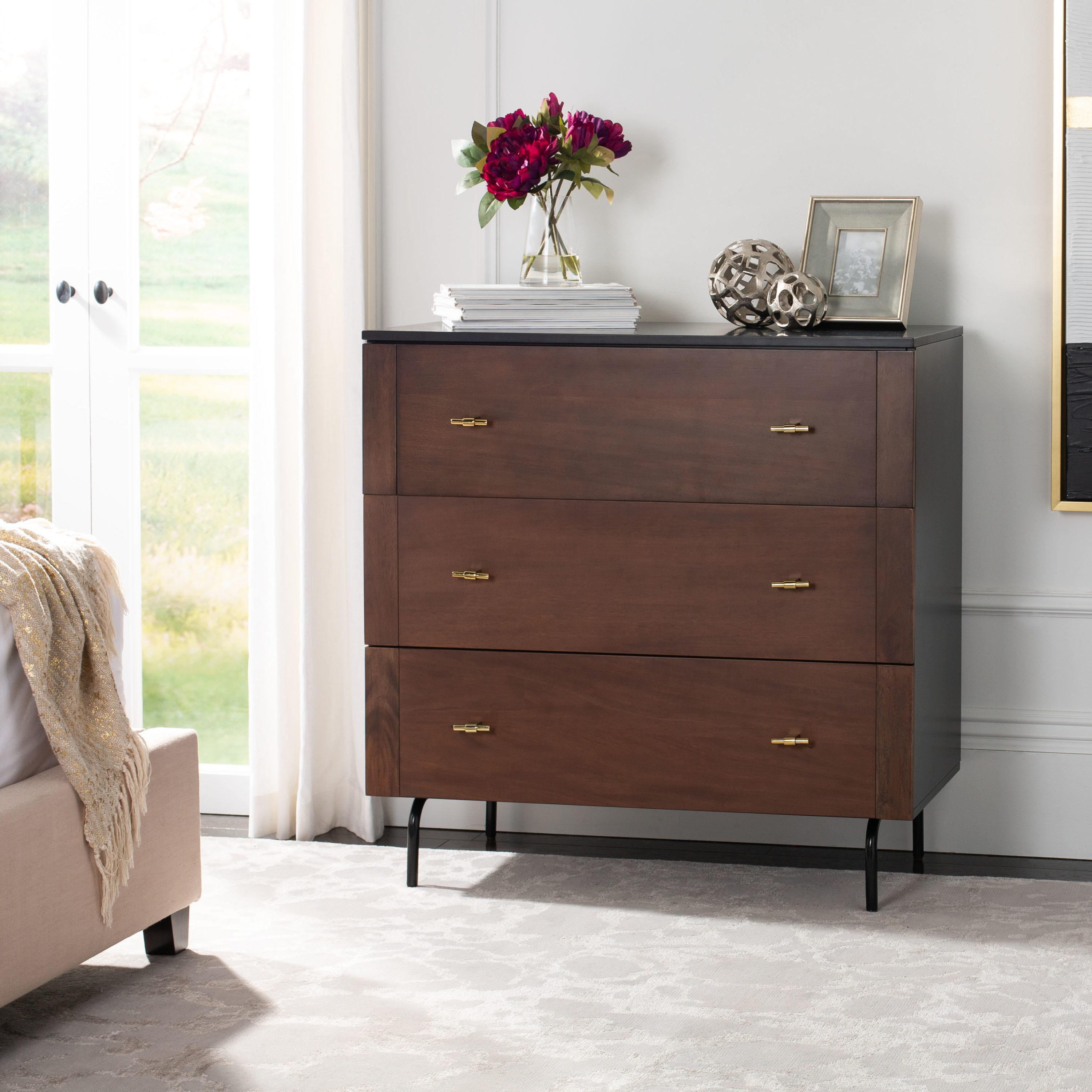 Genevieve 3 Drawer Dresser - Walnut/Black/Gold - Safavieh