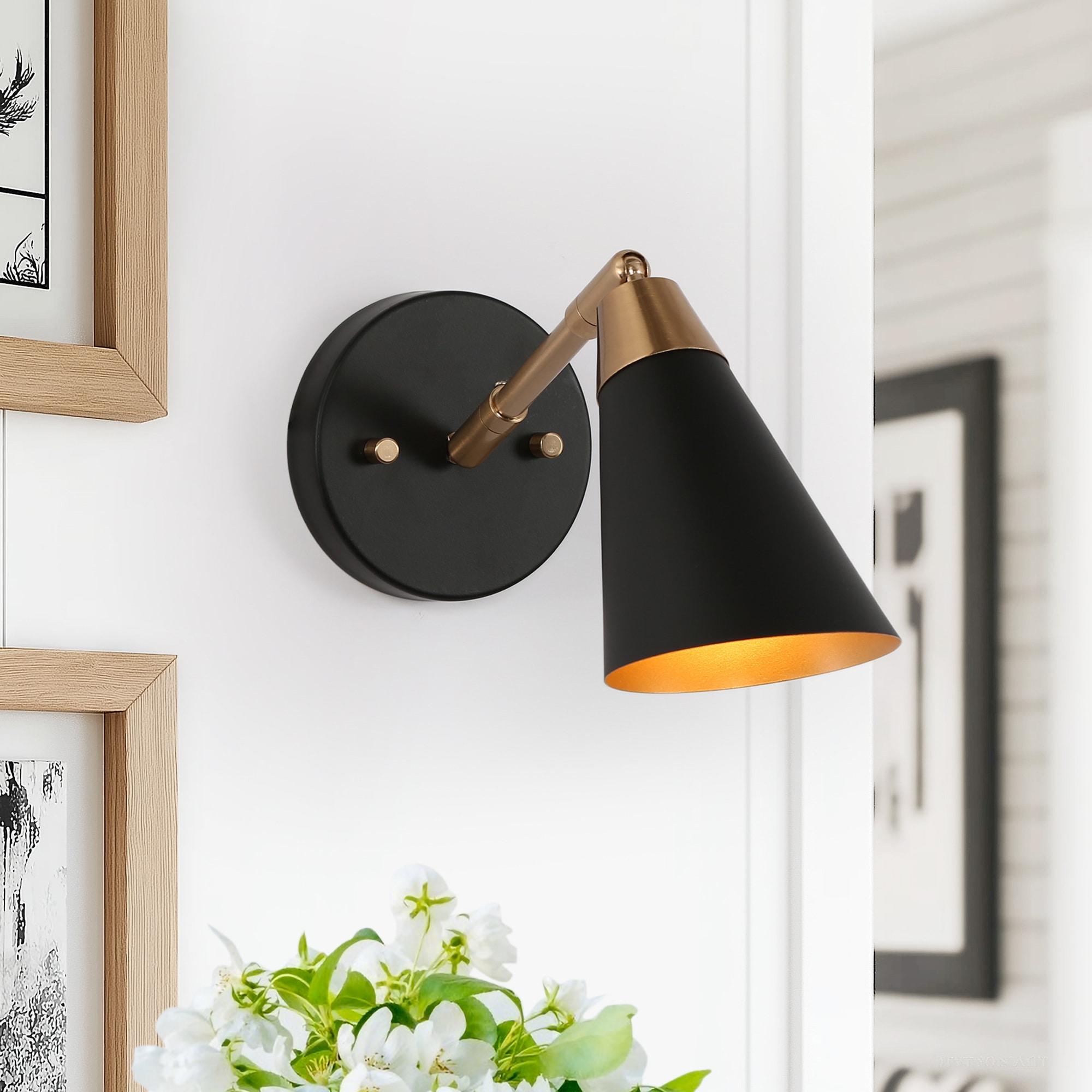 Flumie 1-Light Industrial Black Indoor Wall Sconce Modern Brass Vanity Light Adjustable Head with Cone Metal Shade