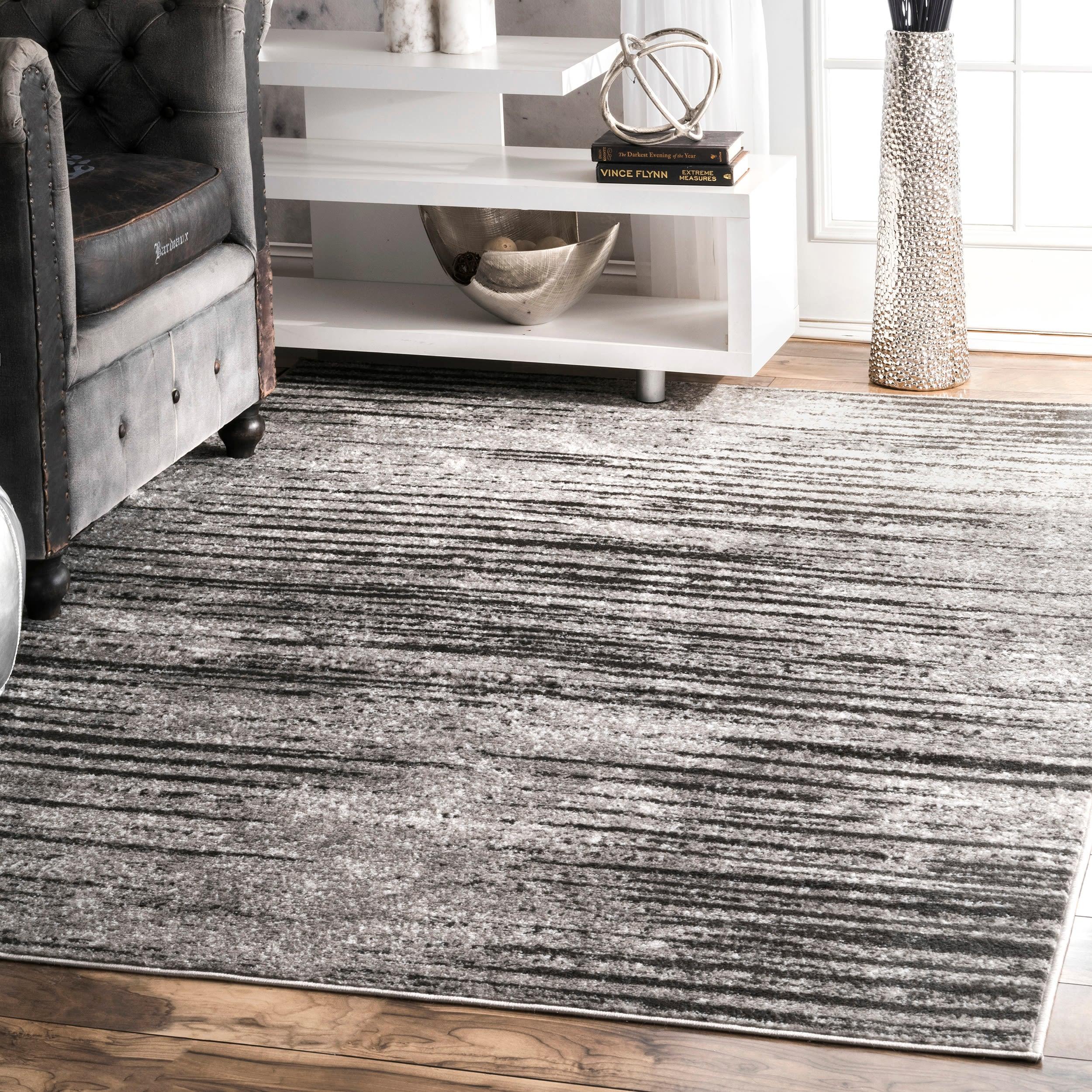 Gray Striped Synthetic Reversible Rectangular Area Rug 3' x 5'