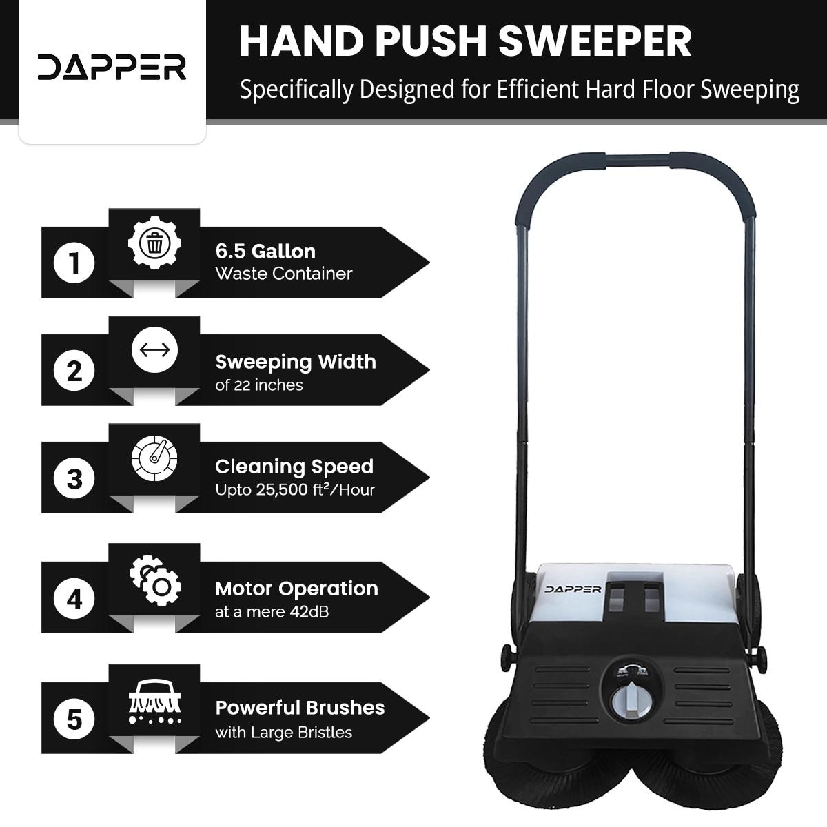 Dapper Supply Walk-Behind Outdoor Hand Push Floor Sweeper - 6.5 Gallon Capacity - 22" Sweeping Width - Sweeps up to 25,500 ft² / Hour, Grey
