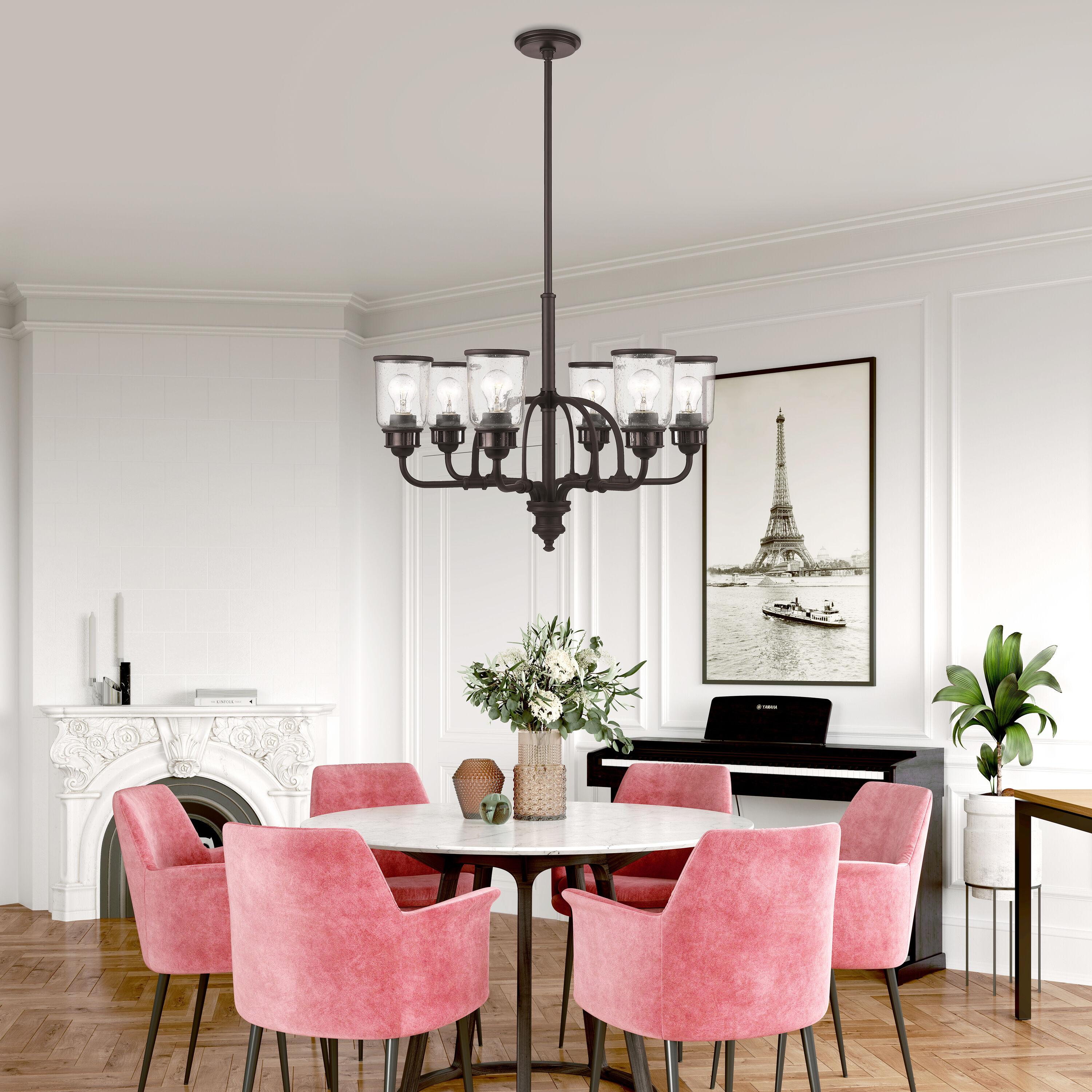 6 Light Bronze Chandelier with Hand Blown Clear Seeded Glass Shade