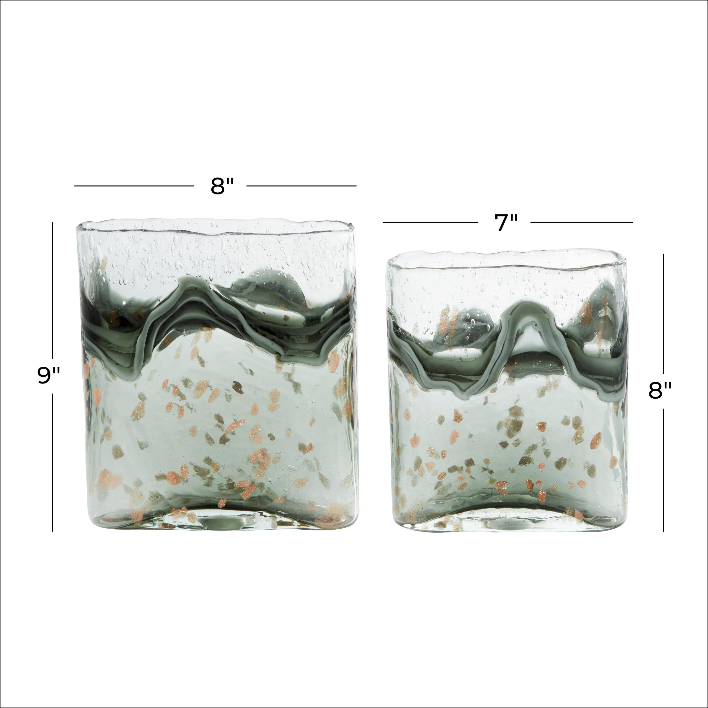 DecMode 9", 8"H Handmade Blown Gray Glass Vase with Speckled Wave Design, Set of 2