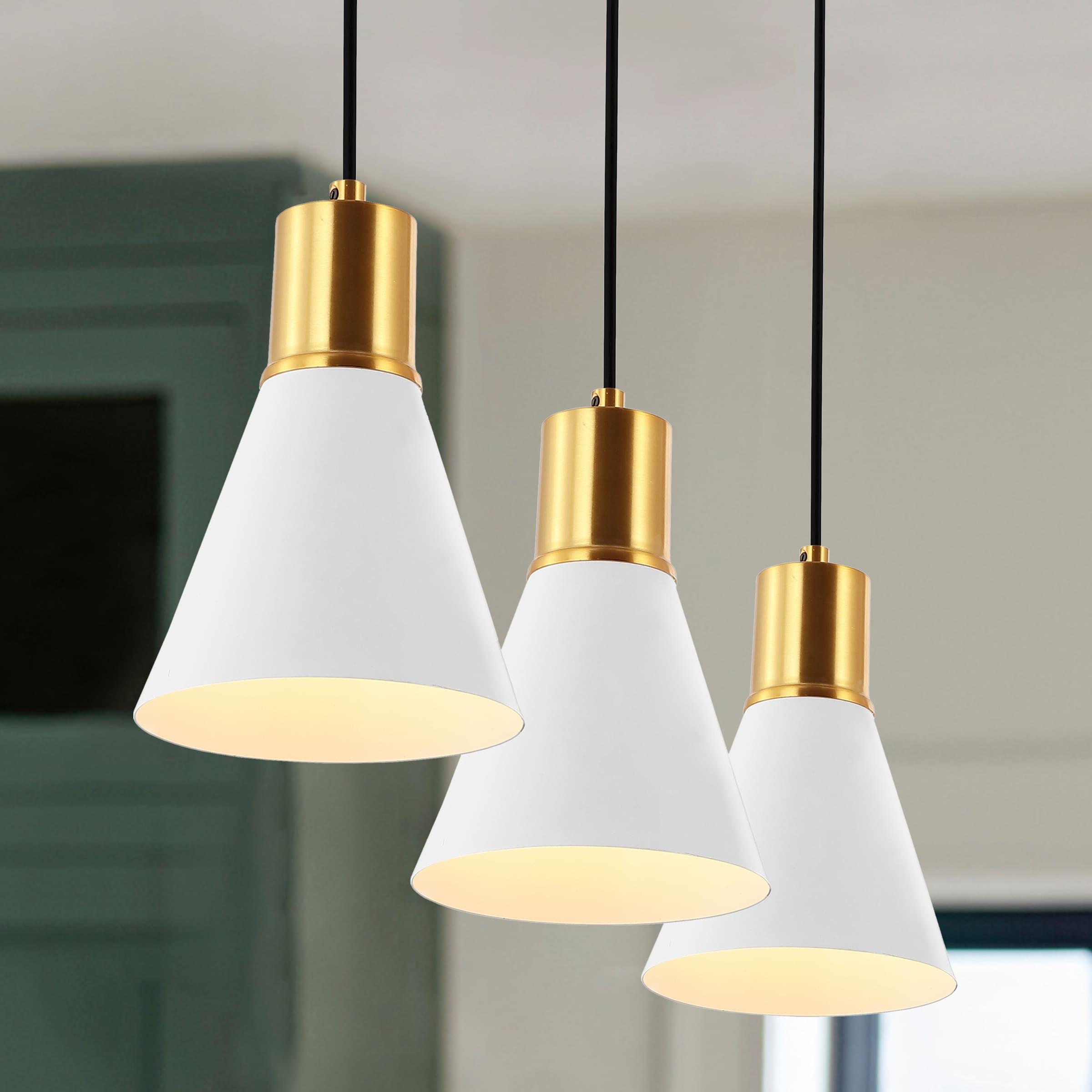 Apollo 33.5" 3-Light Mid-Century Modern Iron Adjustable Linear LED Pendant, White/Brass Gold