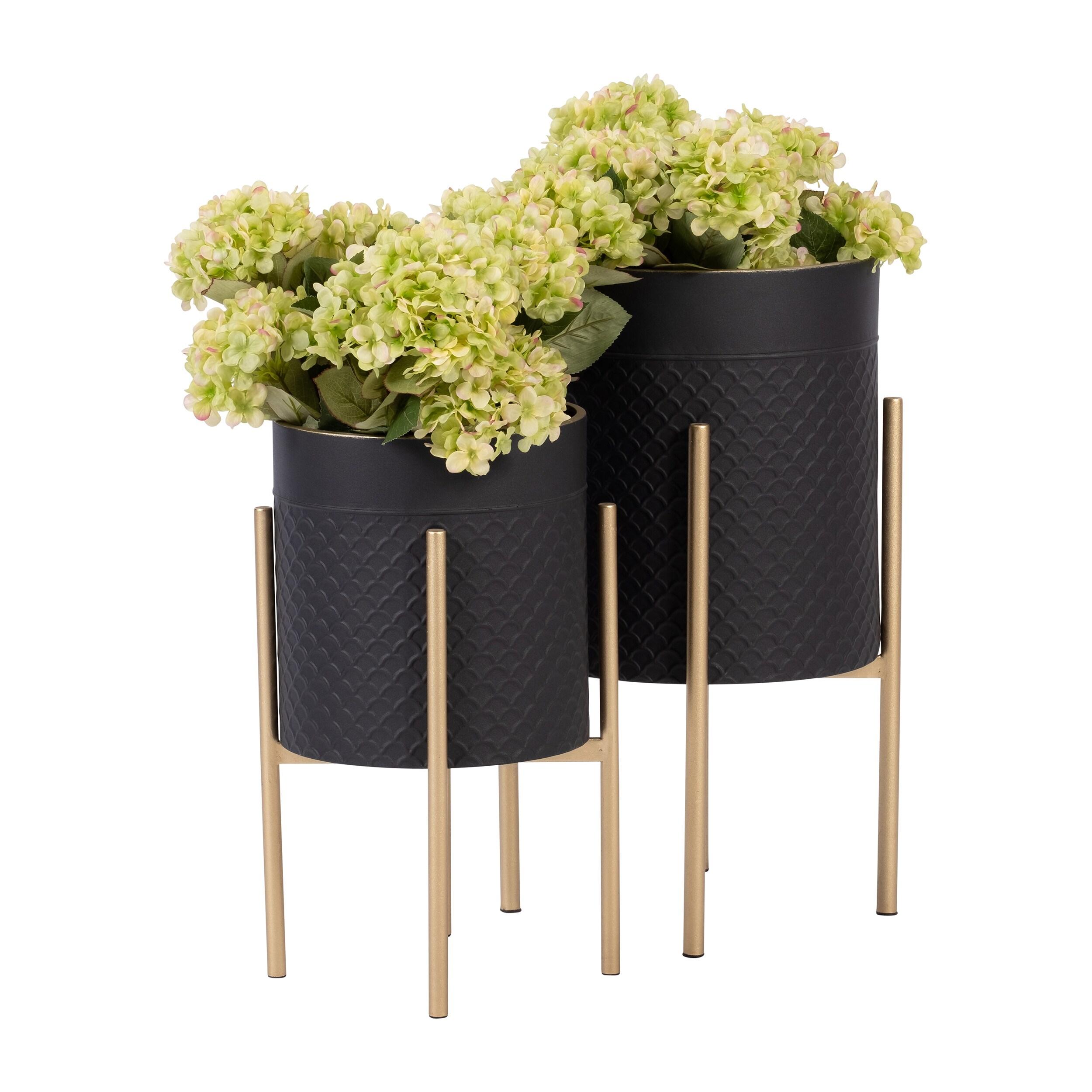 Sagebrook Home 14" Wide 2pc Scales Planter Pot on Metal Stand Black/Gold: Honeycomb Design, No Drainage Holes