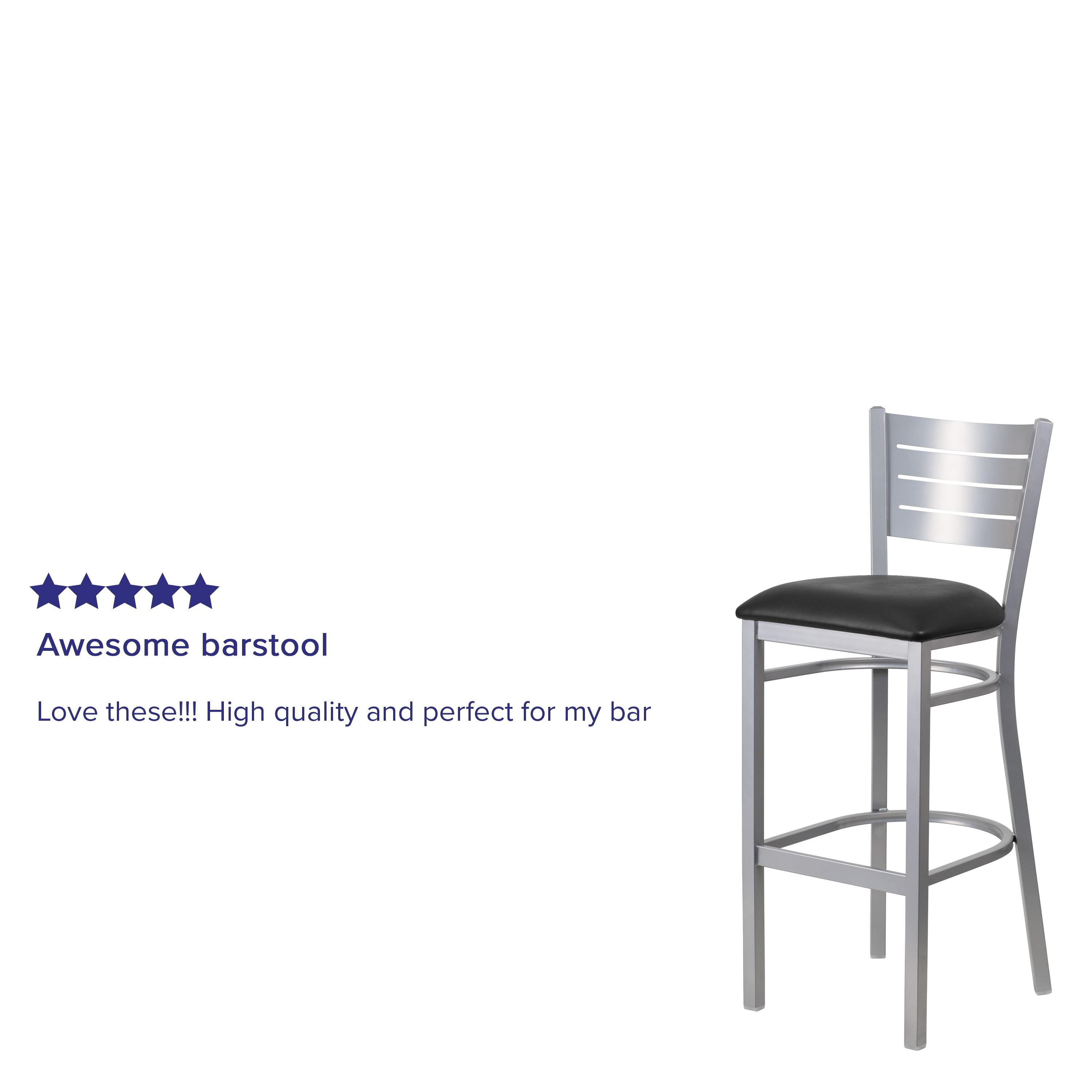 Flash Furniture HERCULES Series Silver Slat Back Metal Restaurant Barstool - Black Vinyl Seat