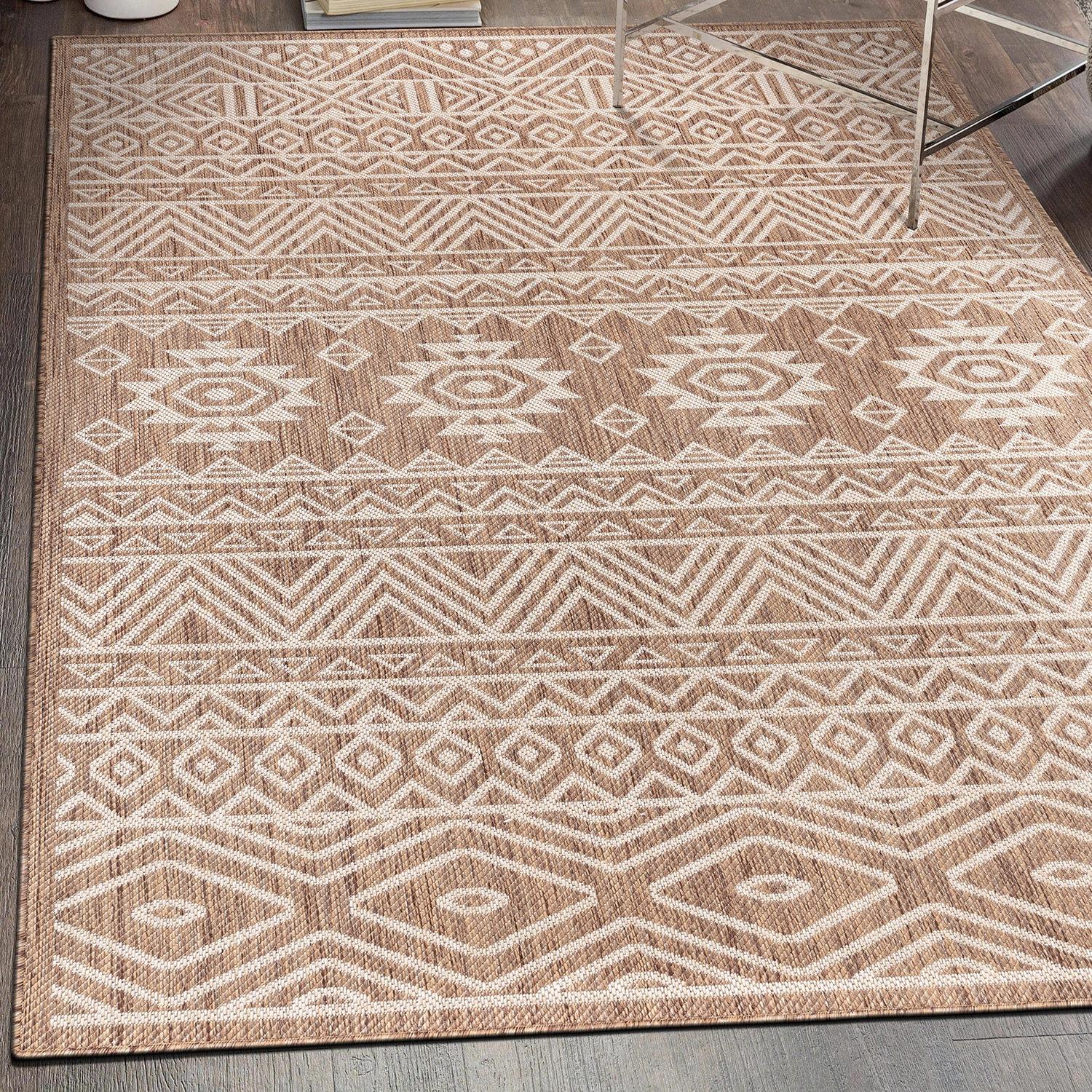 World Rug Gallery Distressed Geometric Bohemian Textured Flat Weave Indoor/Outdoor Area Rug - BROWN 5' X 7'