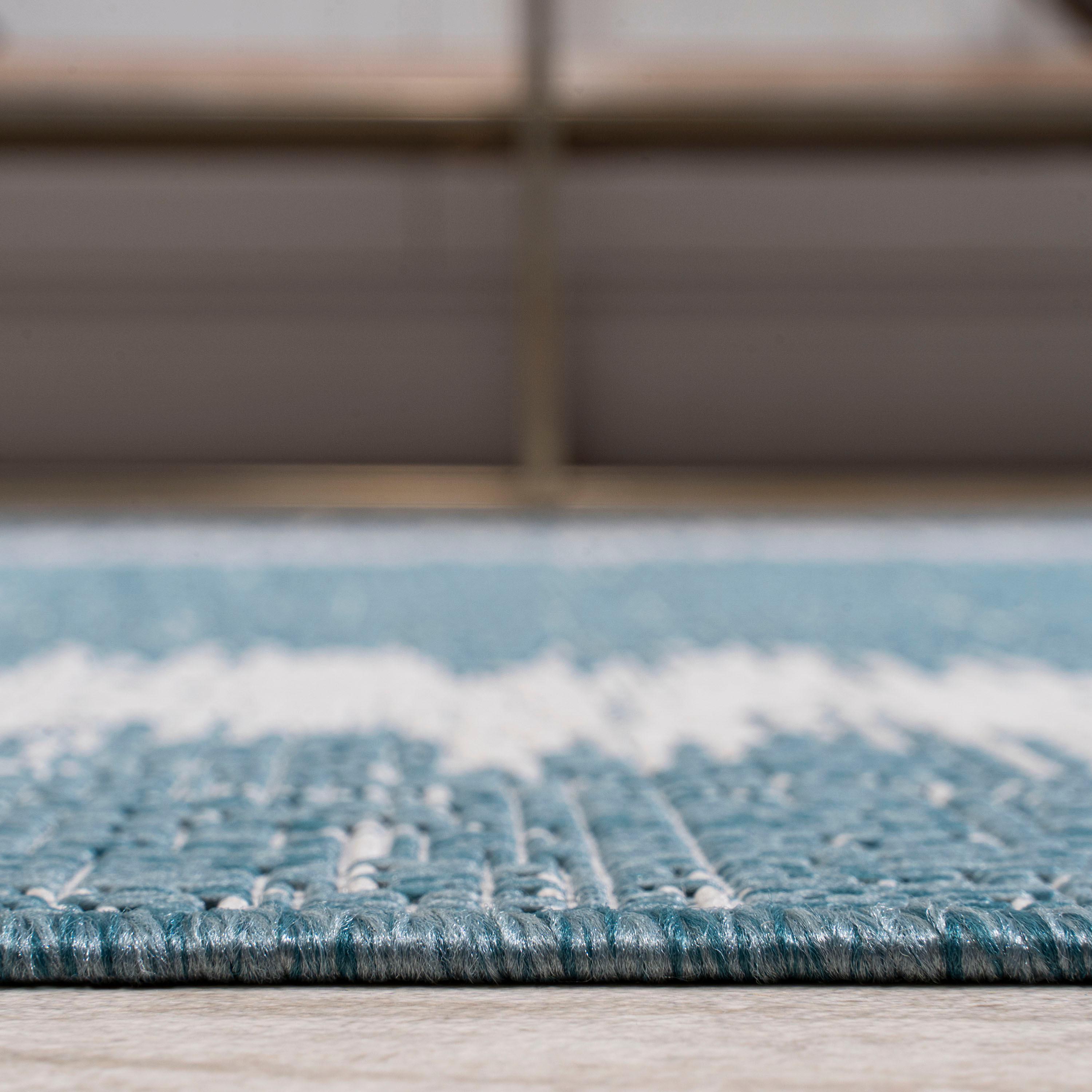 2'x10' Scandi Minimalist Border Indoor/Outdoor Runner Rug, Aqua - JONATHAN Y