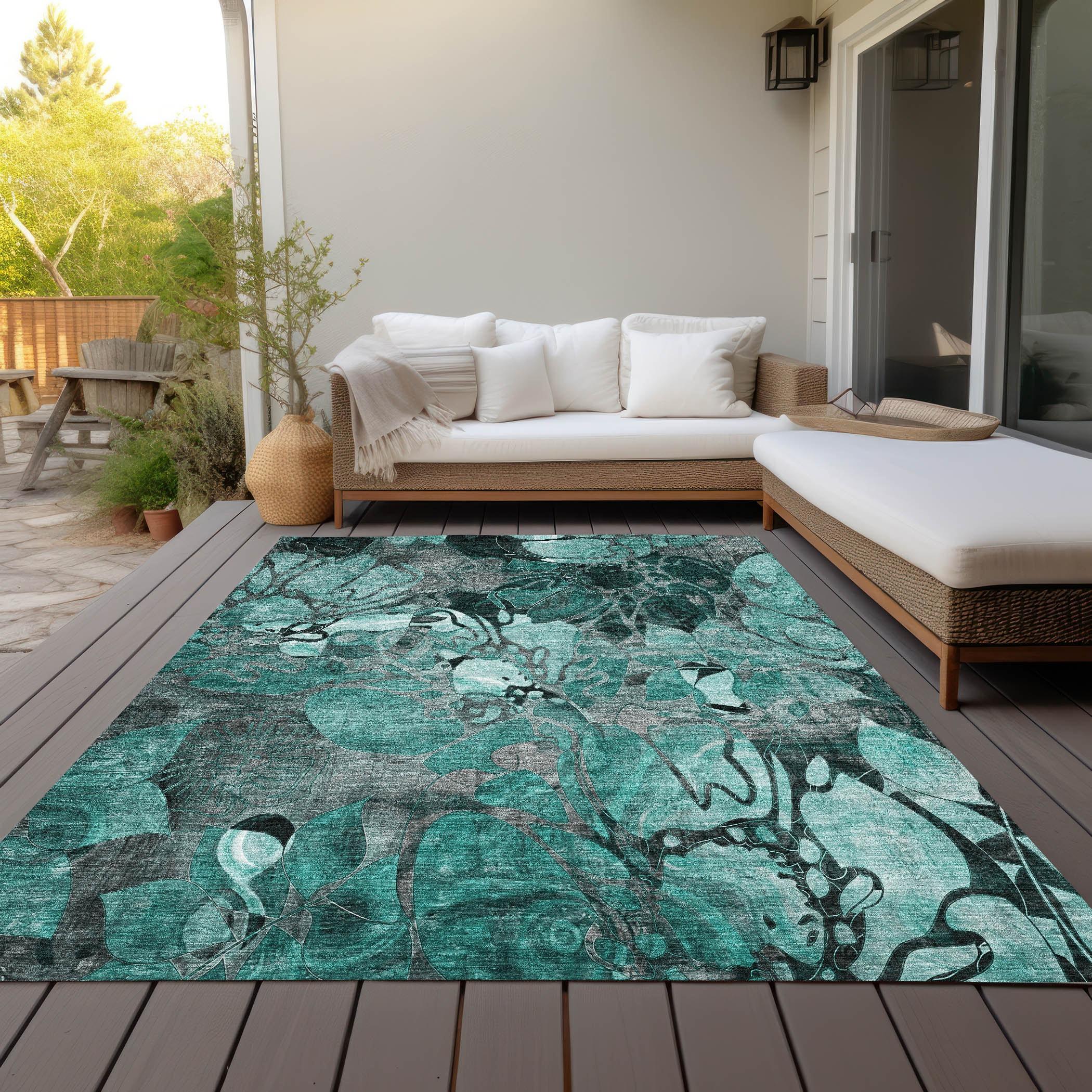 Addison Rugs Chantille Indoor/Outdoor Transitional Floral Teal Washable Rectangle Rug, 10' x 14'
