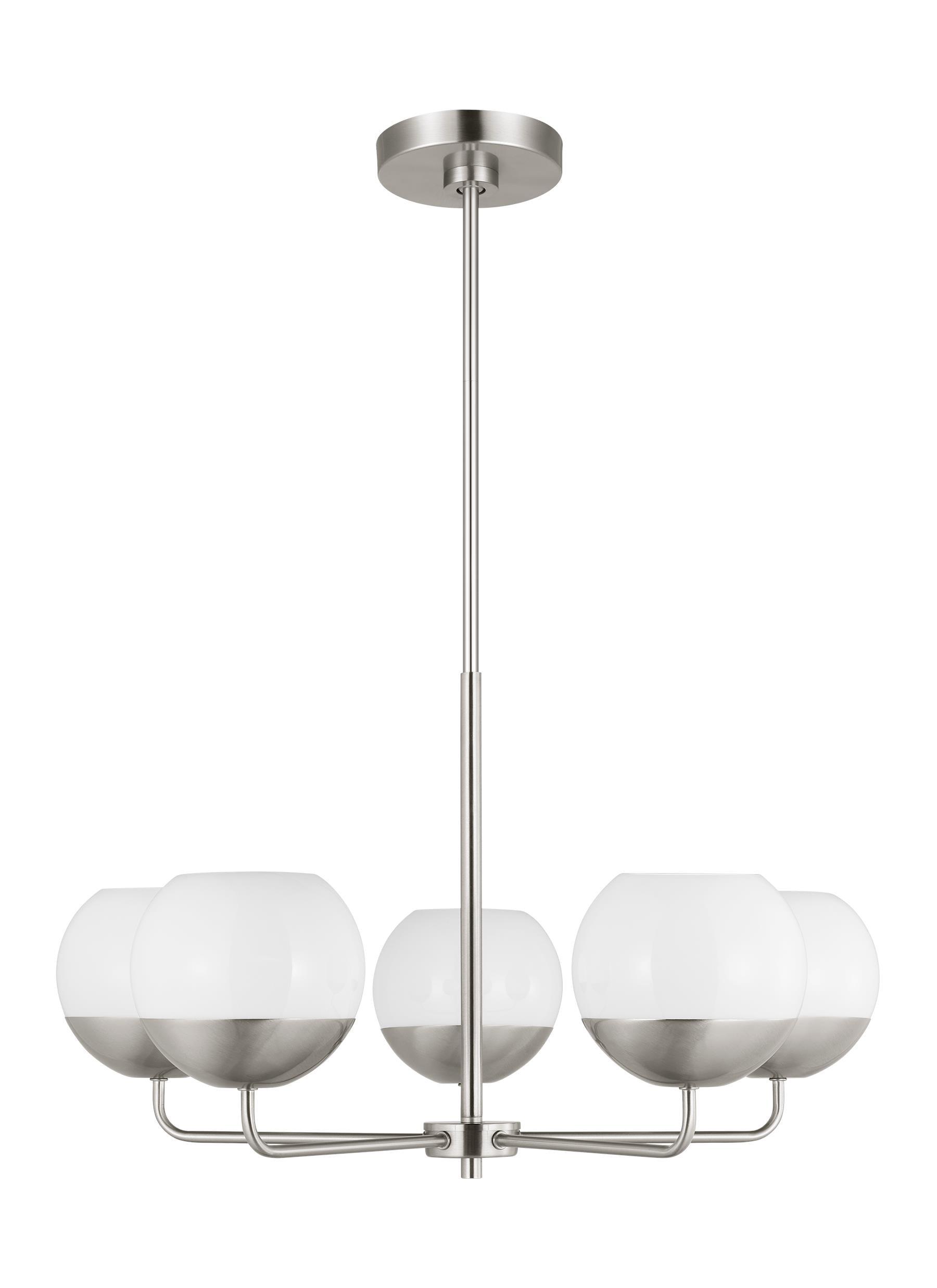 Alvin Midcentury 5-Light LED Chandelier in Brushed Nickel with Milk Glass Shades