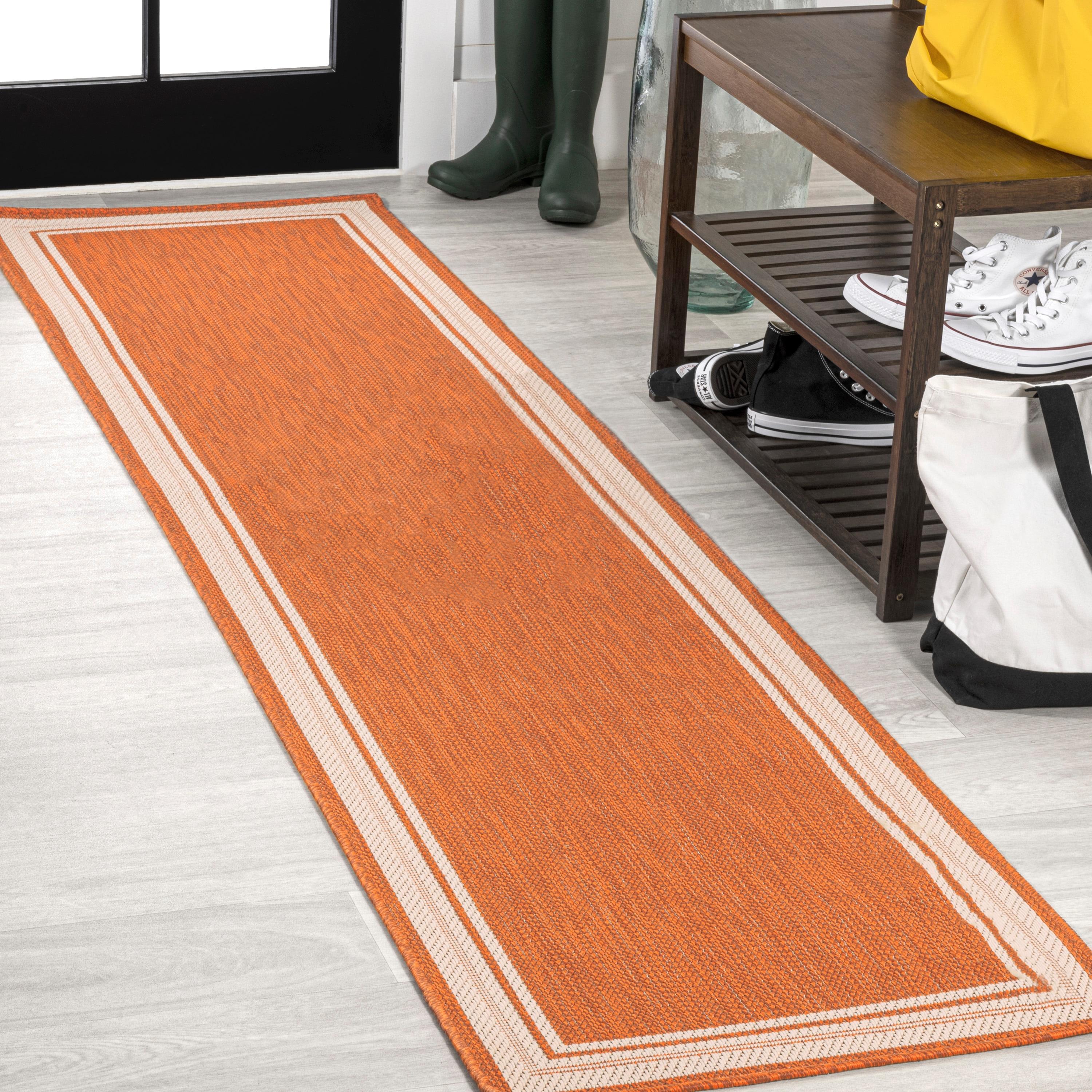 2' x 8' James Modern Border Stripe Indoor/Outdoor Runner Rug, Orange/Cream - JONATHAN Y