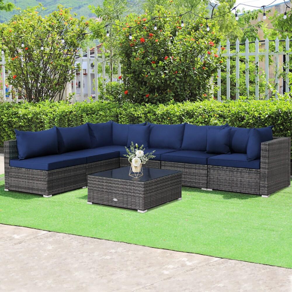 Costway 7PCS Patio Rattan Furniture Set Sectional Sofa Cushioned Garden Navy