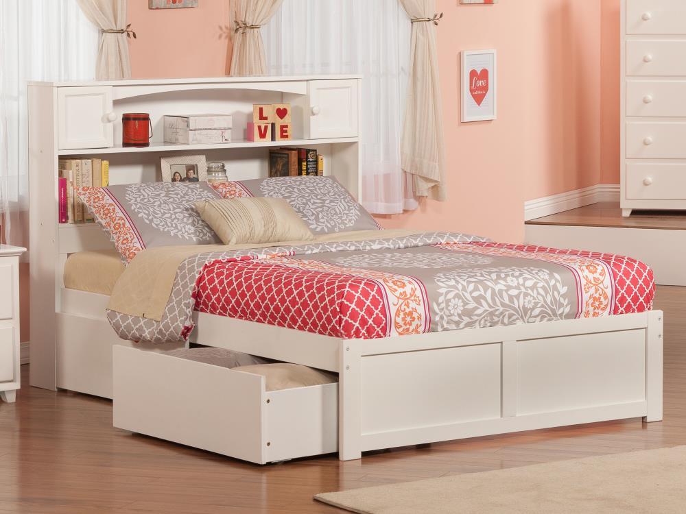 Newport Full White Wood Bookcase Bed with Storage Drawers