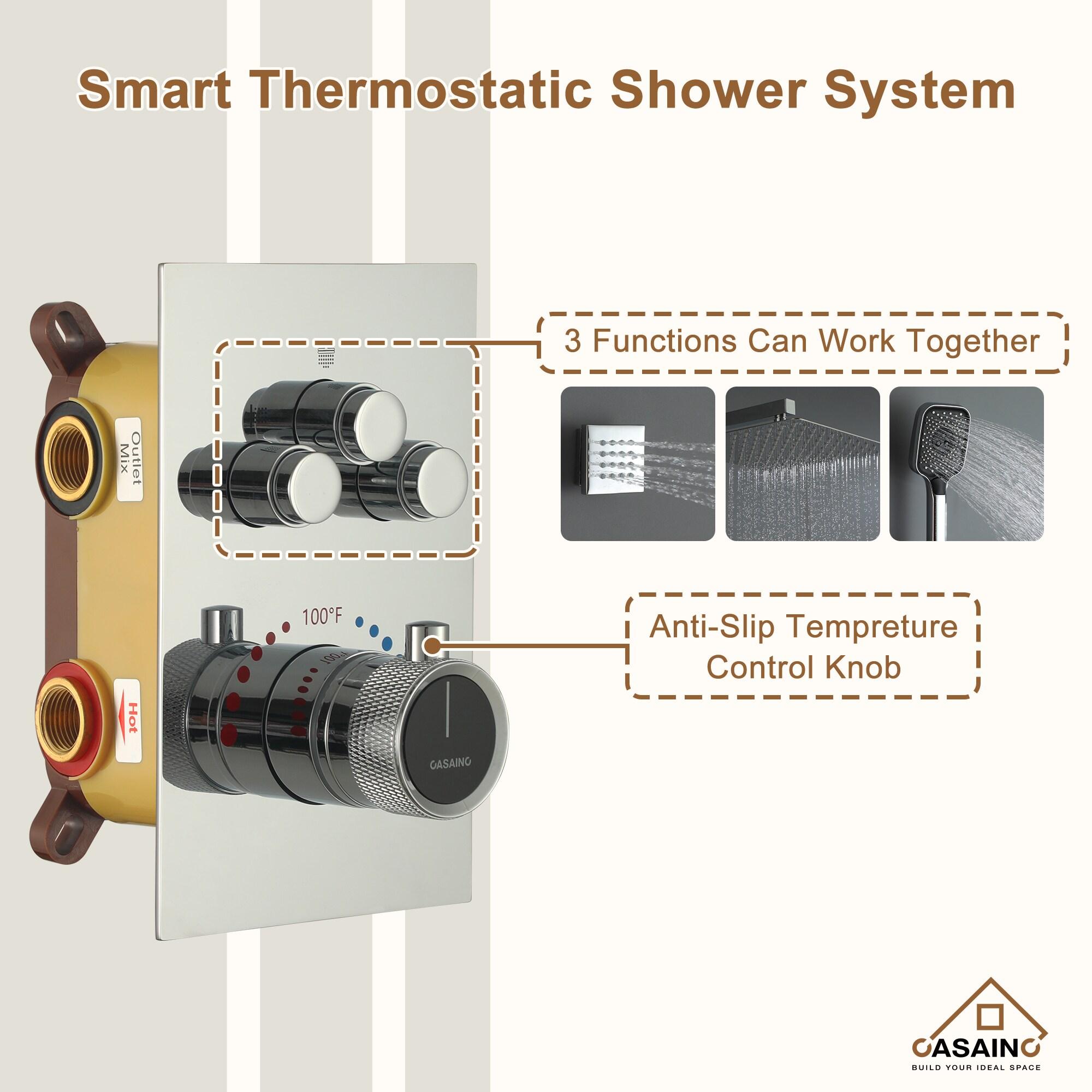 Revitalize 3-Function 12 Inch Wall Mount Rainfall Thermostatic Shower System with 6 Body Jets