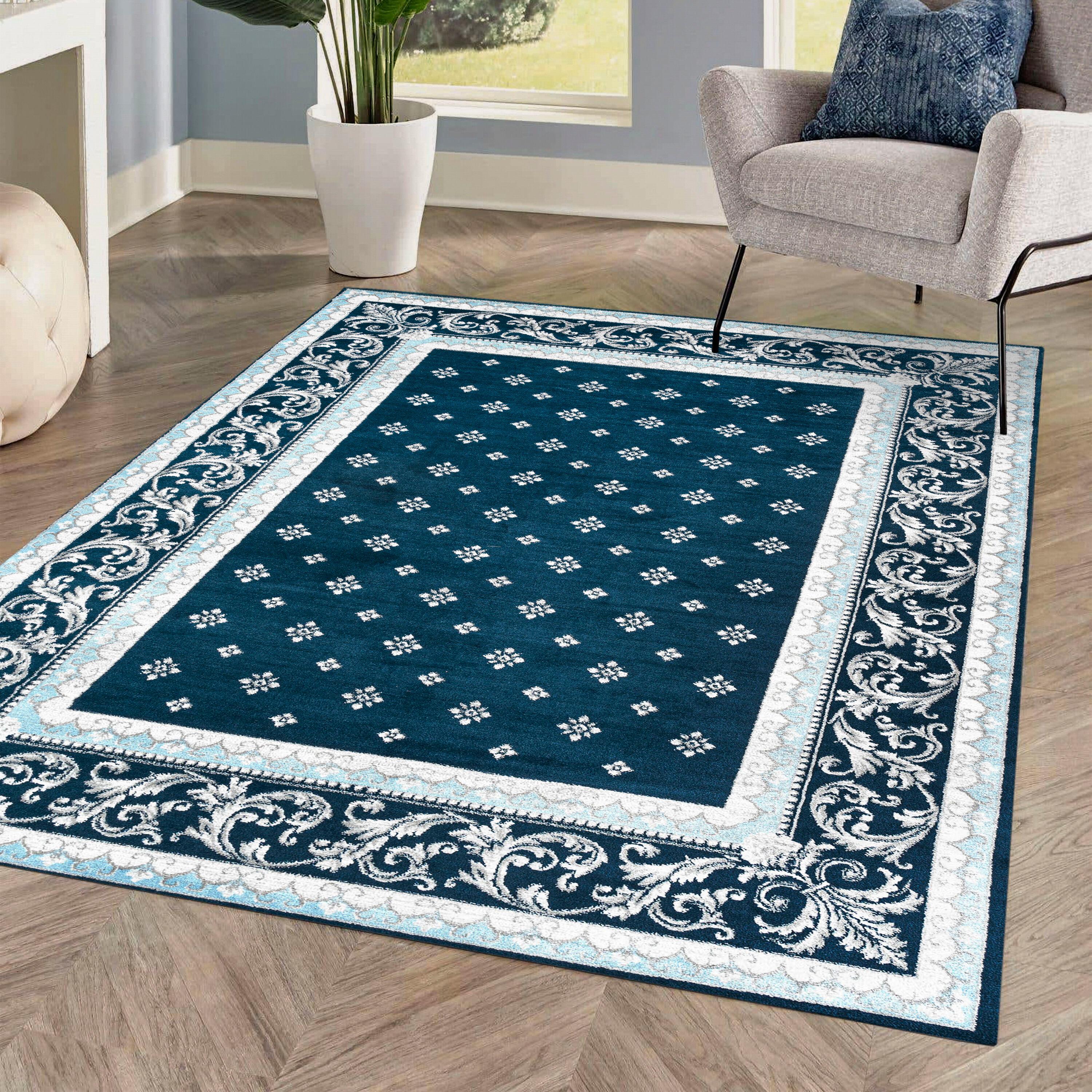 3'x 5' Acanthus French Border Area Rug, Navy/Blue - JONATHAN Y