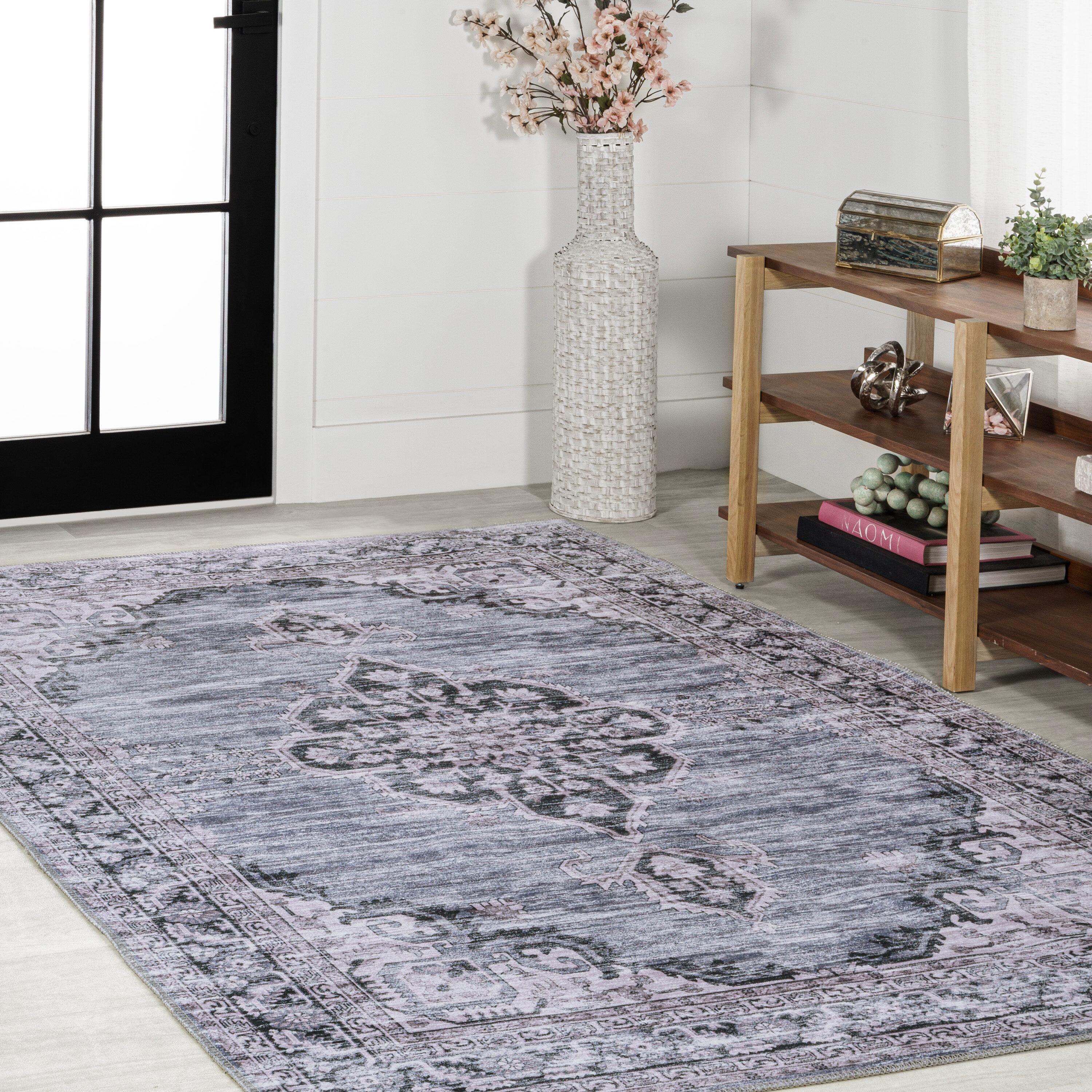 Wincer Chenille Cottage Medallion Machine-Washable Navy/Gray/Black 3 ft. x 5 ft. Area Rug - JONATHAN Y