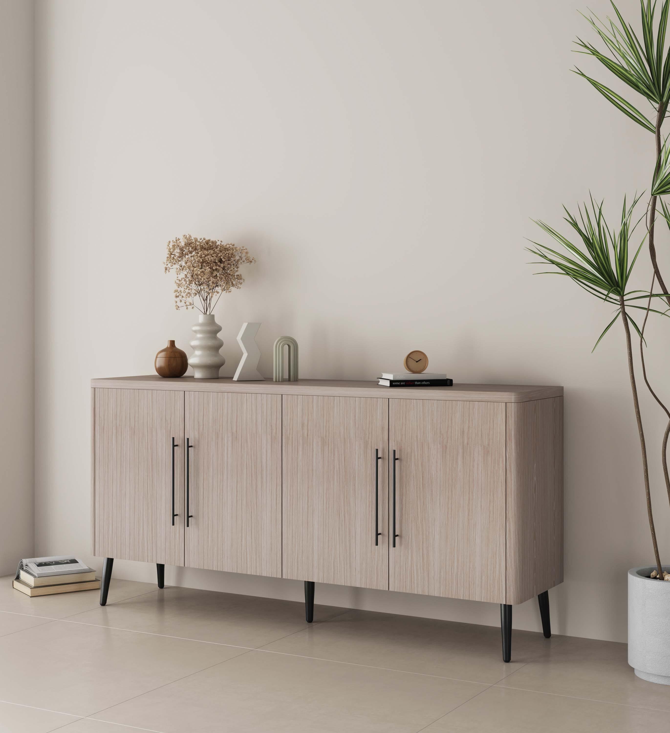Manhattan Comfort Jodie 65" Mid-Century Modern Sideboard with 8 Adjustable Shelves in Whitewashed Oak