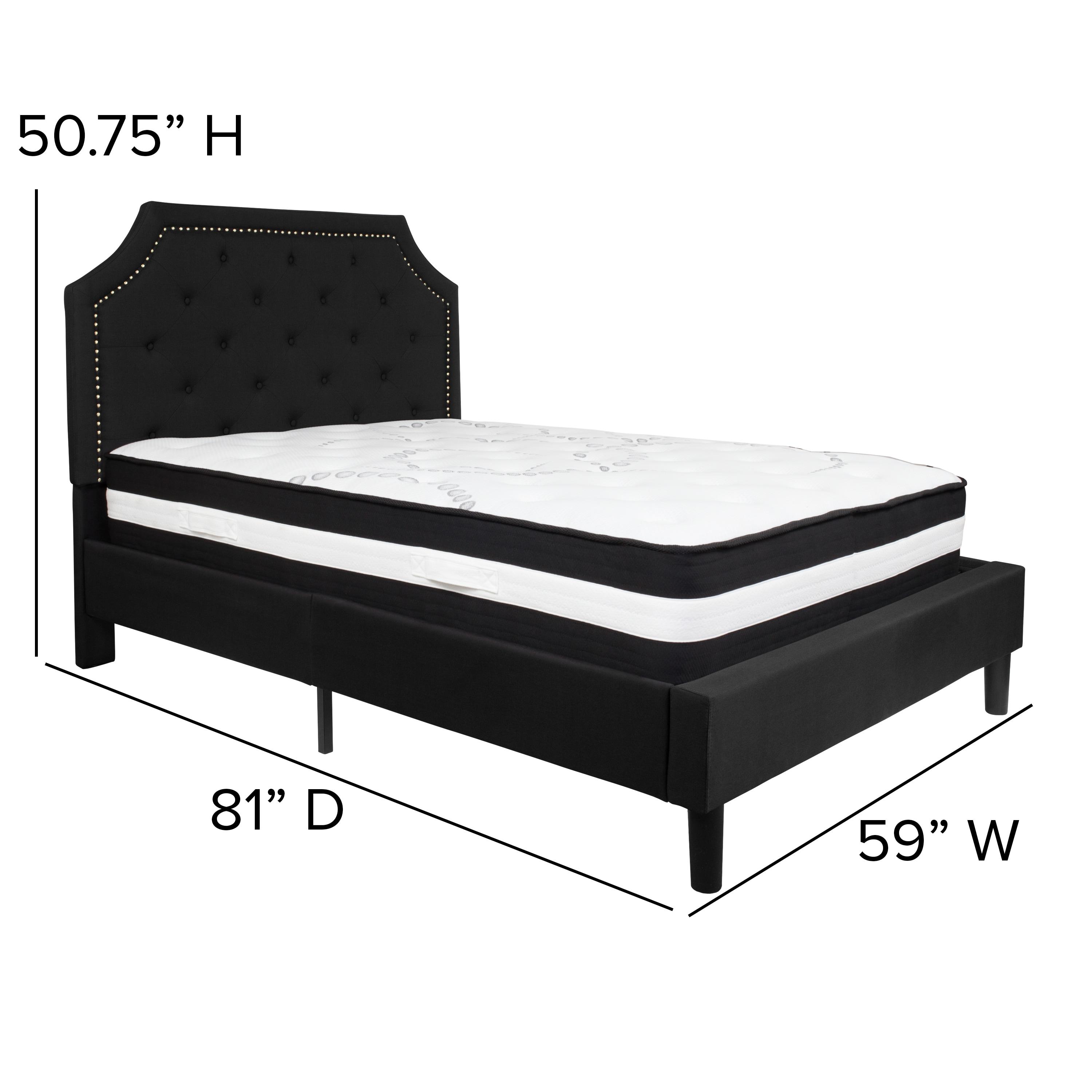 Flash Furniture Brighton Full Size Tufted Upholstered Platform Bed in Black Fabric with Pocket Spring Mattress