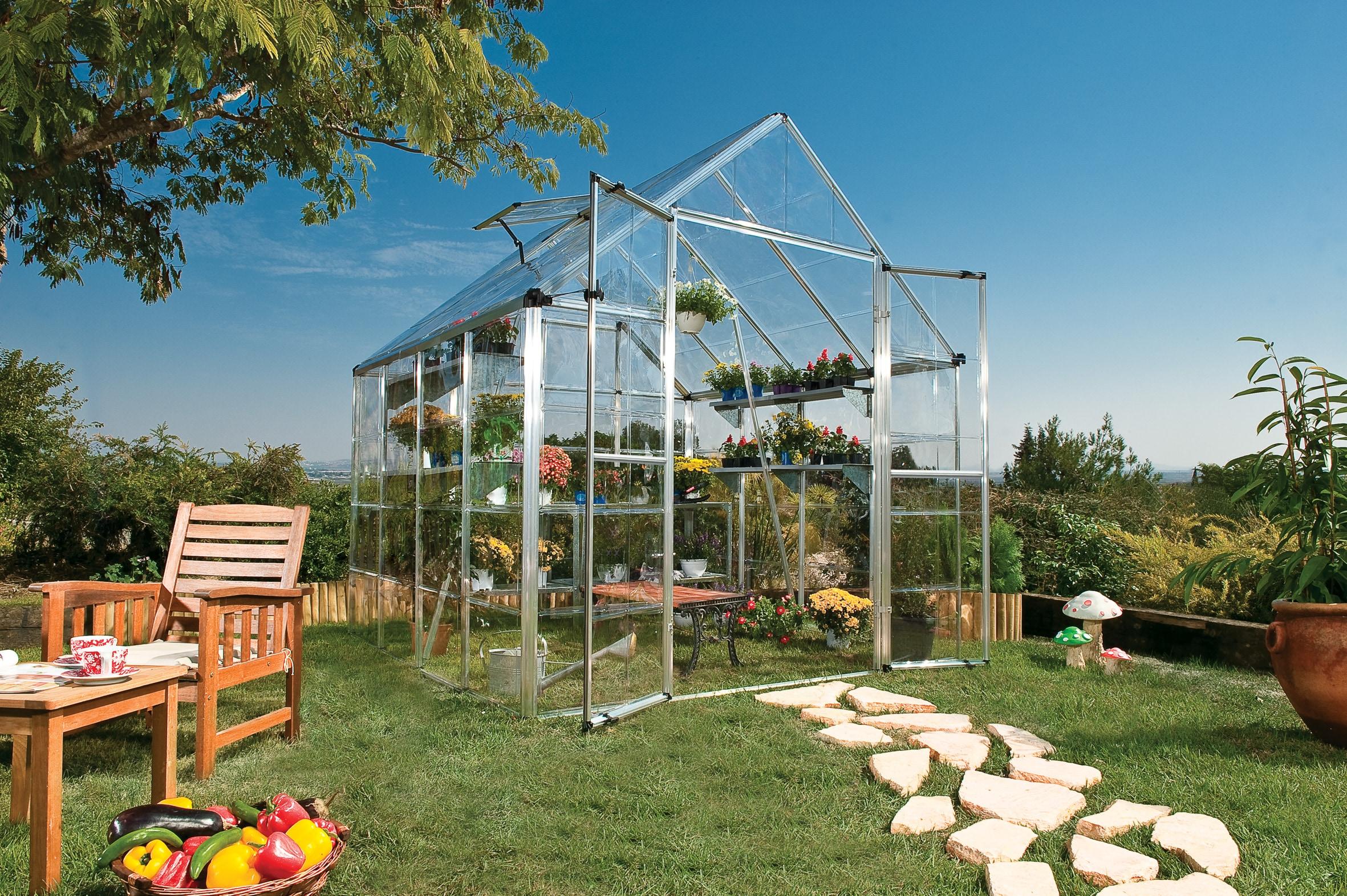 Palram - Canopia Snap & Grow 8' x 8' Polycarbonate/Aluminum Walk-In Greenhouse – Silver - with Roof Vent