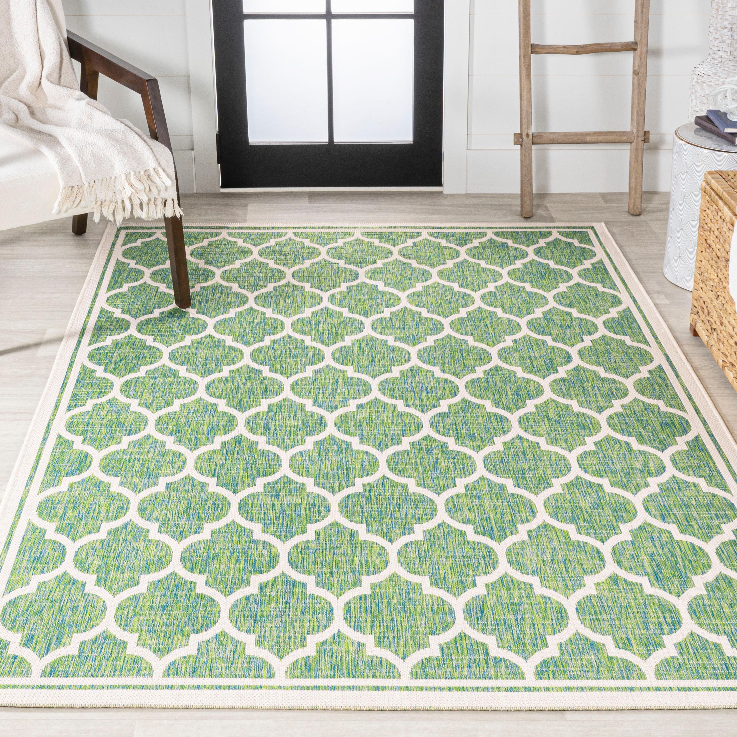 3' x 5' Trebol Moroccan Trellis Textured Weave Indoor/Outdoor Area Rug, Cream/Green - JONATHAN Y