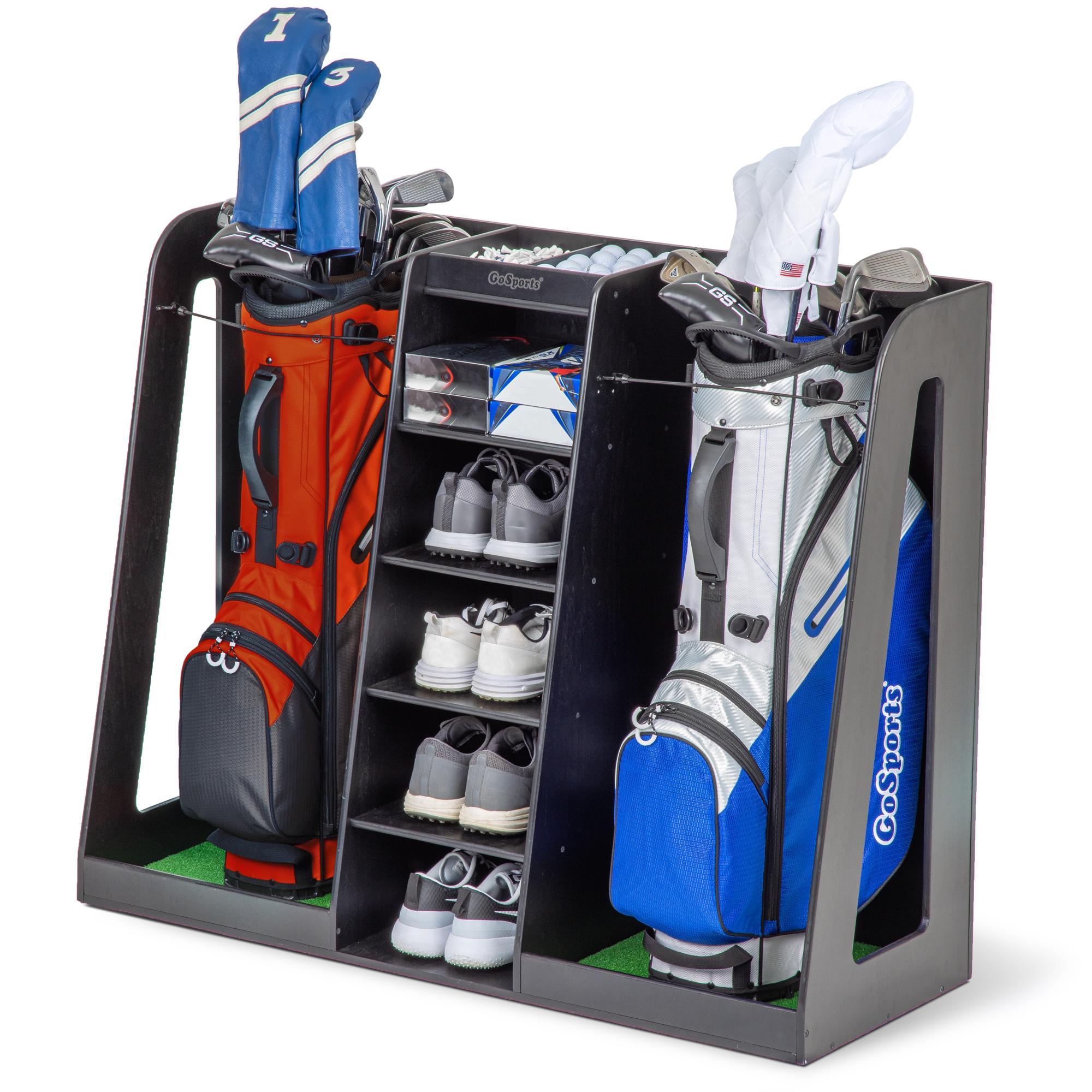 GoSports Premium Wooden Freestanding Golf Bag Organizer and Storage Rack