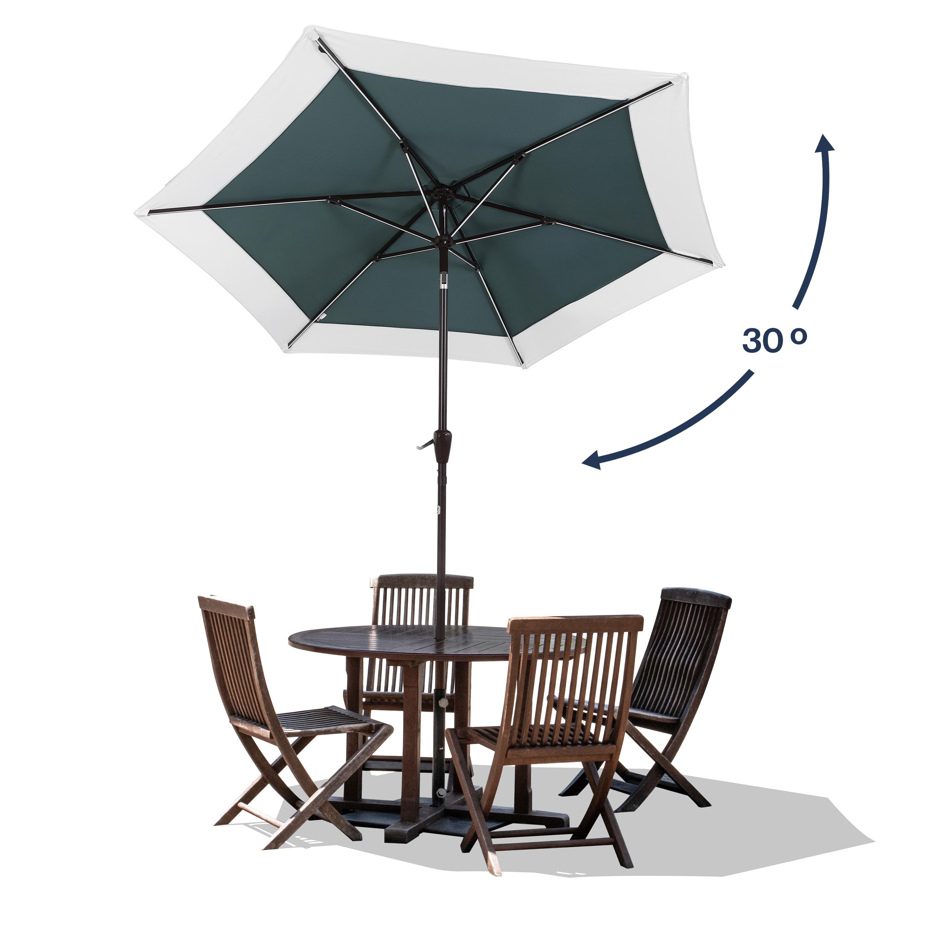 JONATHAN Y Spencer 9 ft. Classic Coastal 2-Tone Solar LED Market Patio Umbrella 12 LED Strip Lights, Auto-Tilt, Crank, UV Protection in Green/White