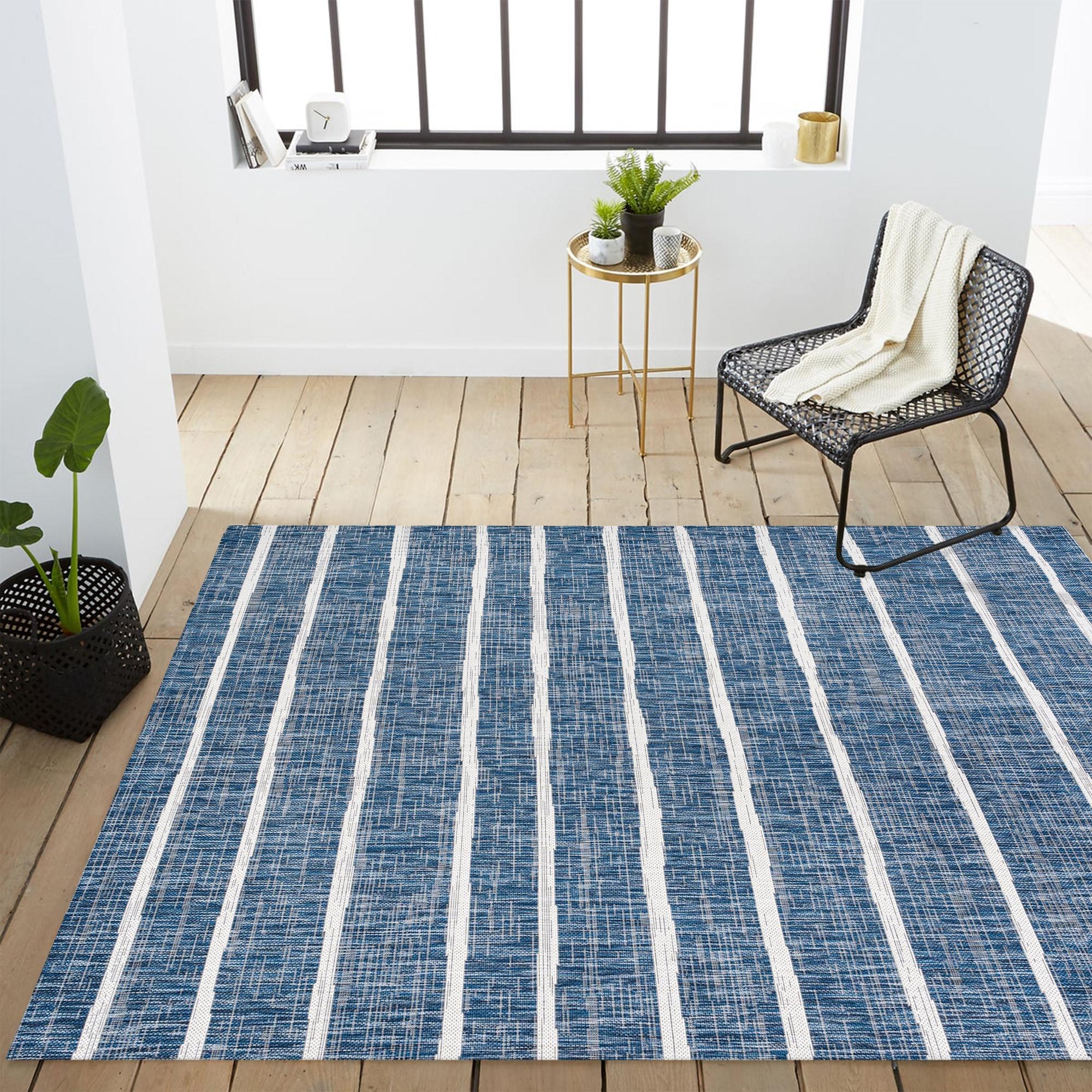 3'x5' Colonia Berber Stripe Indoor/Outdoor Area Rug, Blue/Ivory - JONATHAN Y