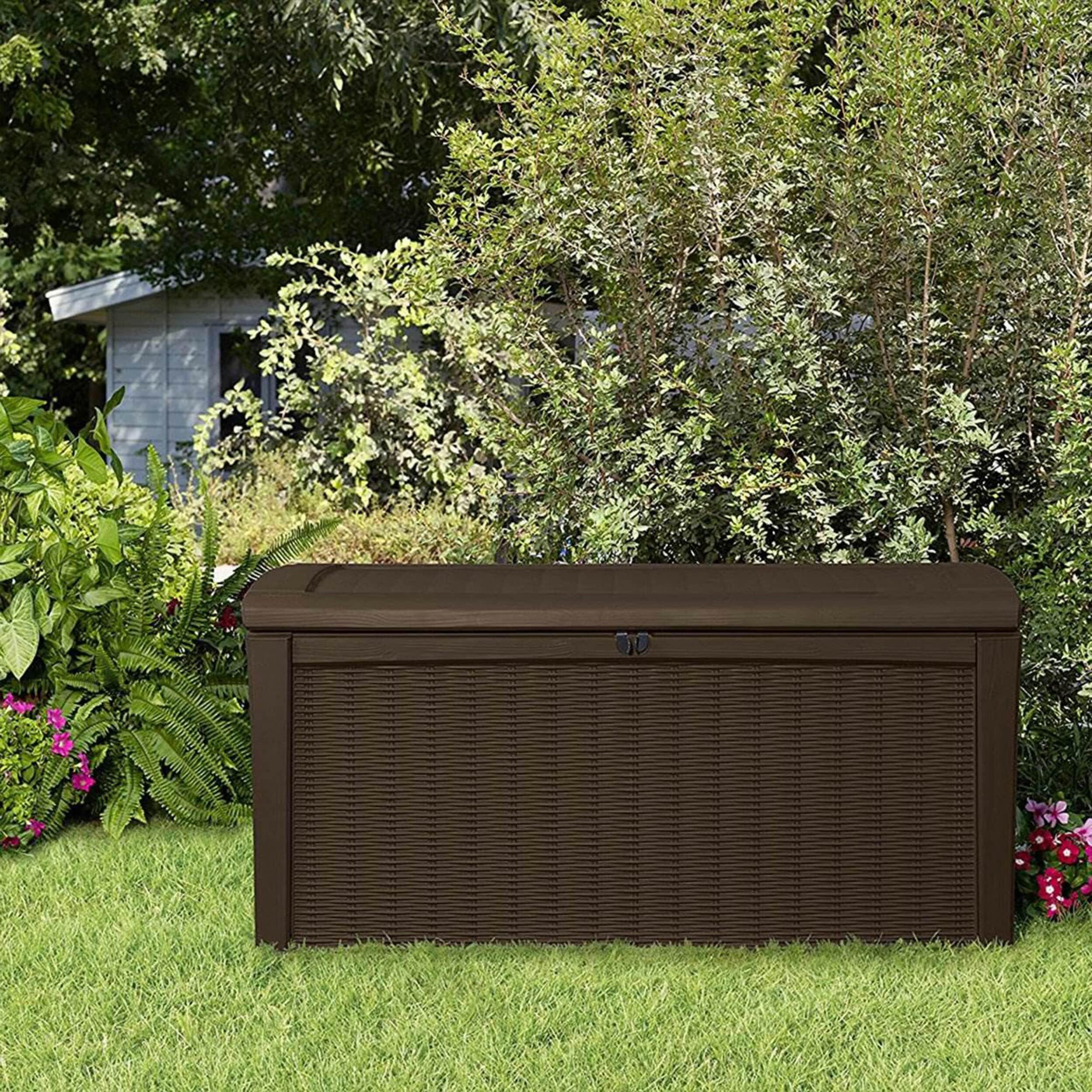 Keter Borneo 110 Gallon Rattan Wicker Resin Patio Deck Storage Box Bench