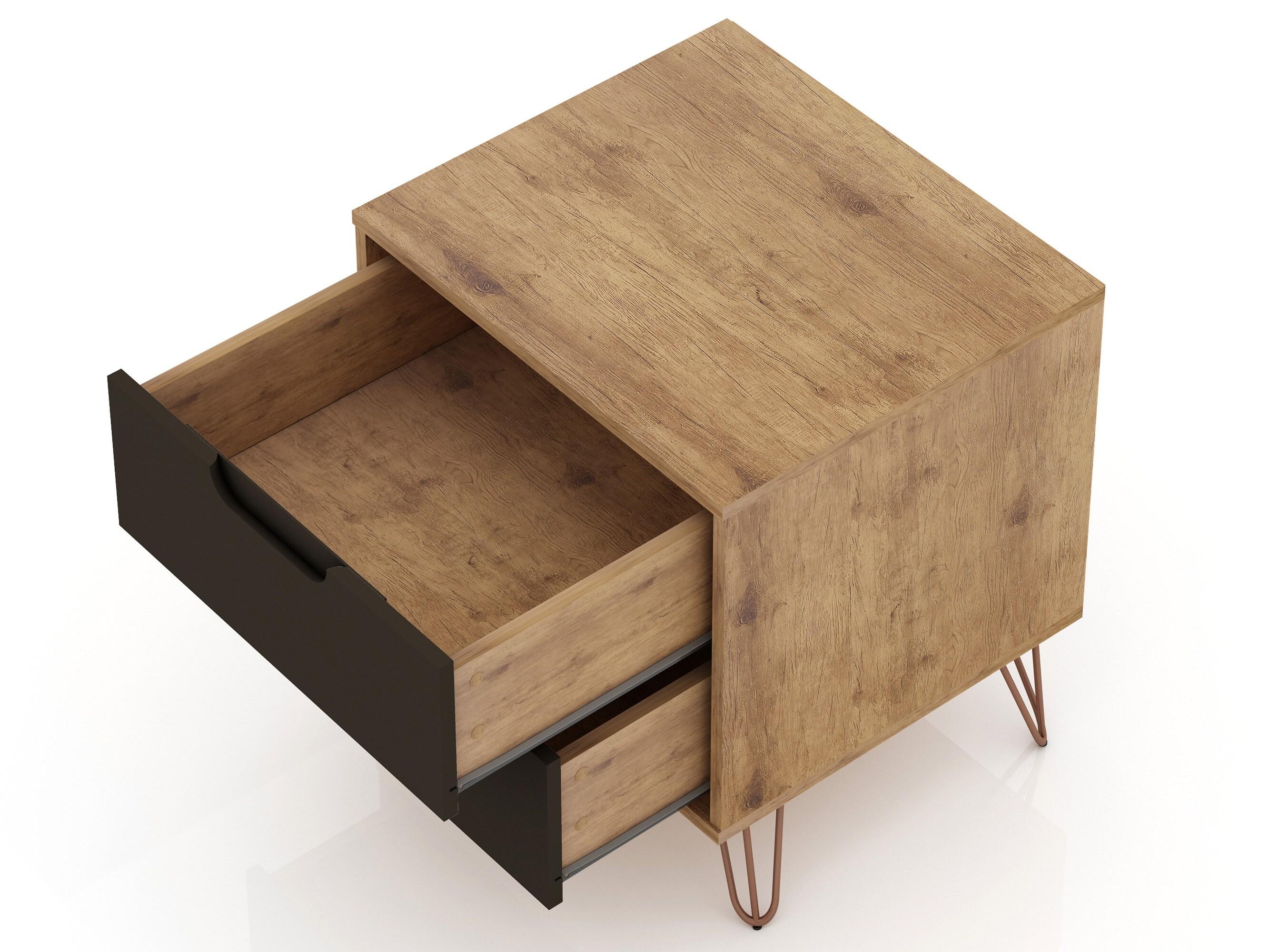 Set of 2 Rockefeller 2 Drawer Nightstands Nature/Textured Gray - Manhattan Comfort: Modern Splayed Metal Legs, MDF
