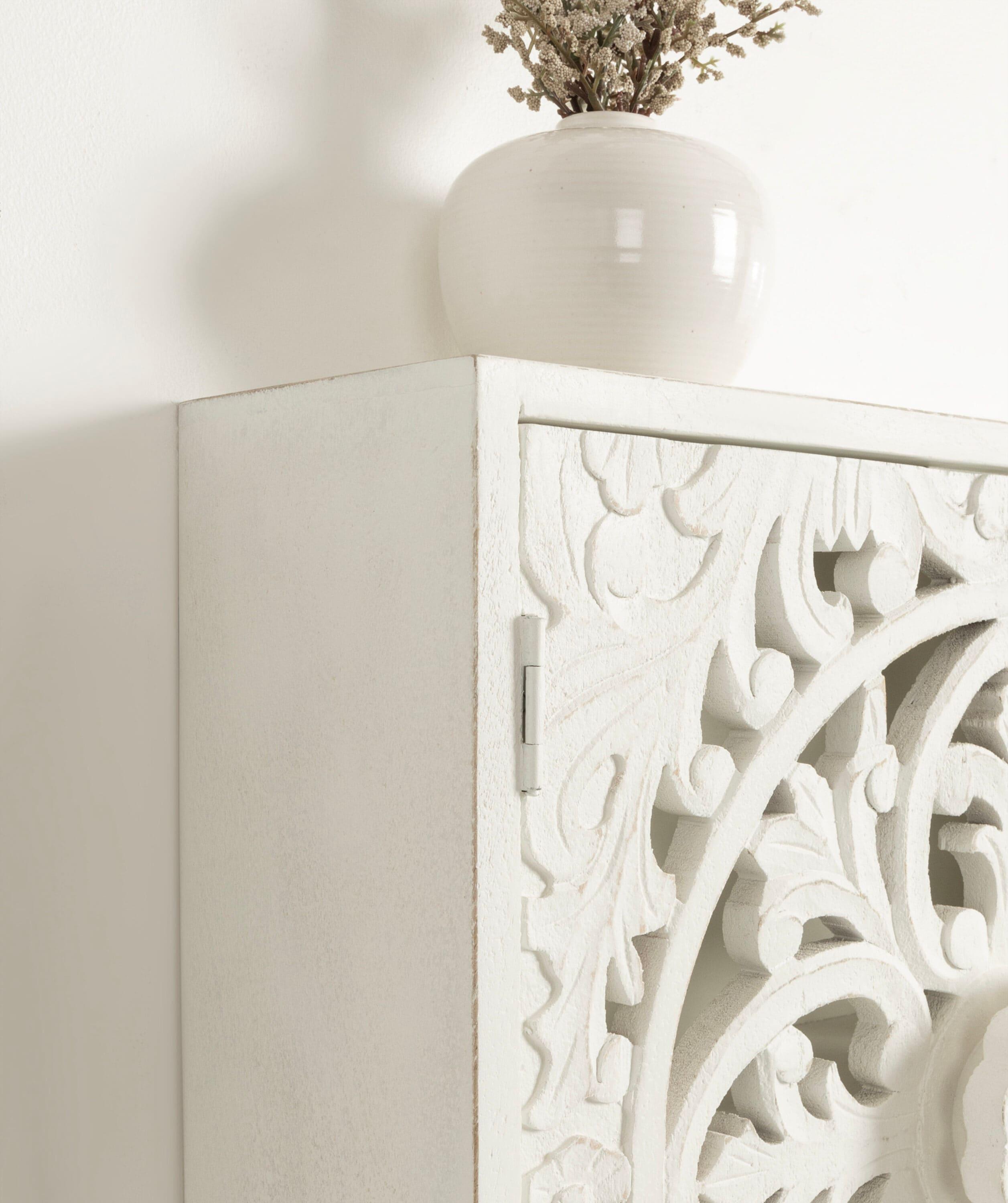 Kate & Laurel All Things Decor 20" Saanvi Traditional Carved Wood Wall Cabinet White: Artisan-Made, No Assembly, Includes Mounting Hardware
