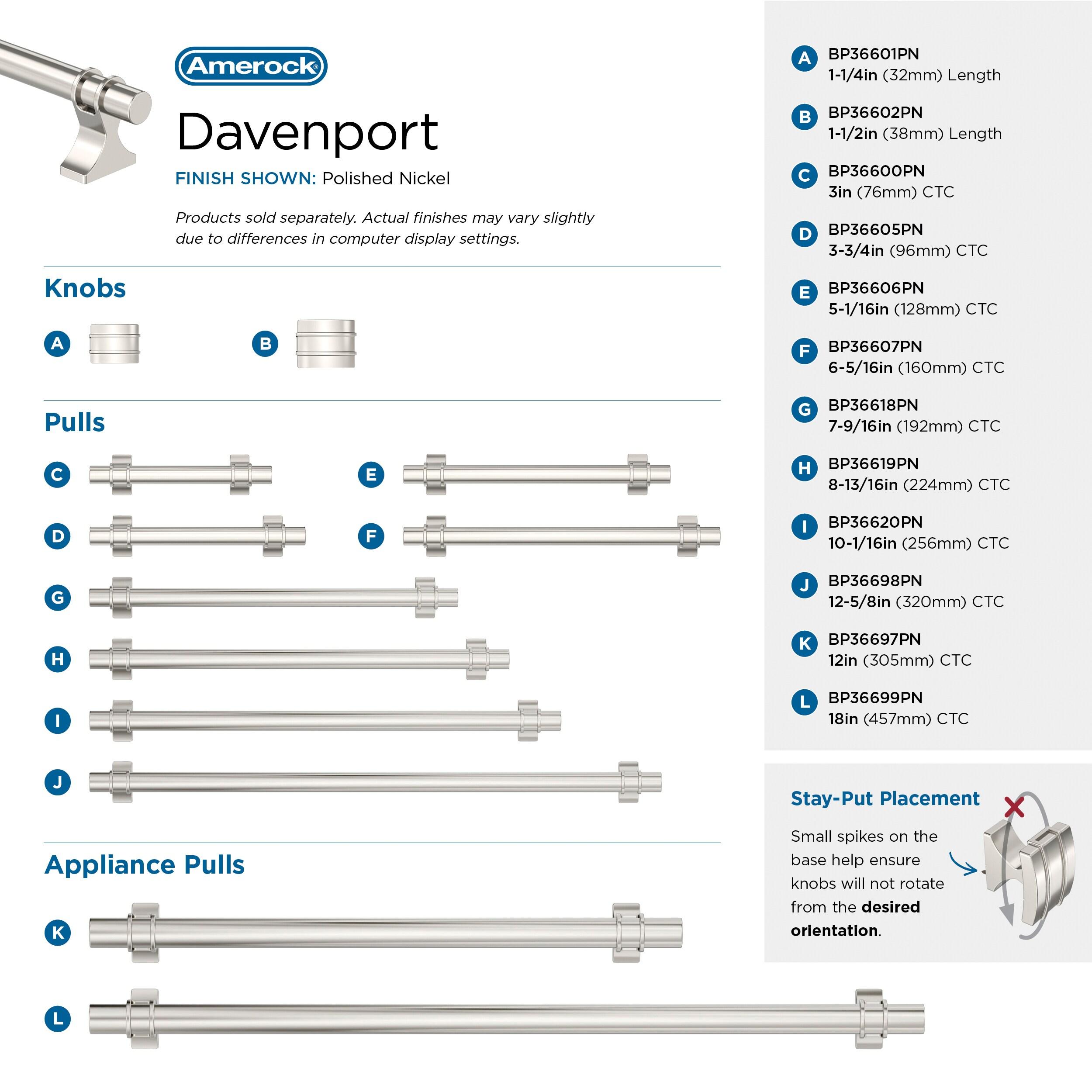 Amerock Davenport 1-1/2 inch (38mm) Length Polished Nickel Cabinet Knob