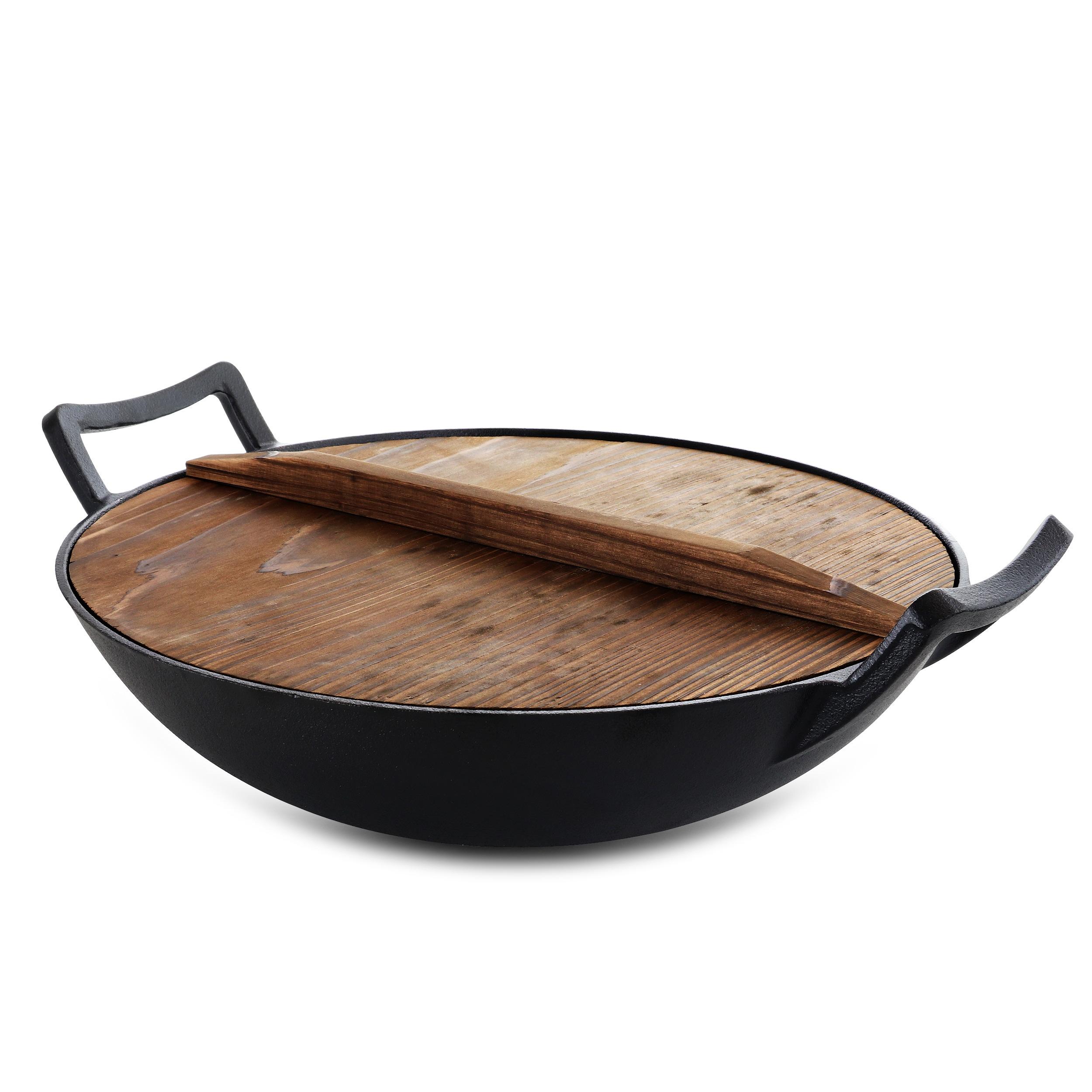 MegaChef 14 Inch Heavy Duty Cast Iron Wok with Wood Lid