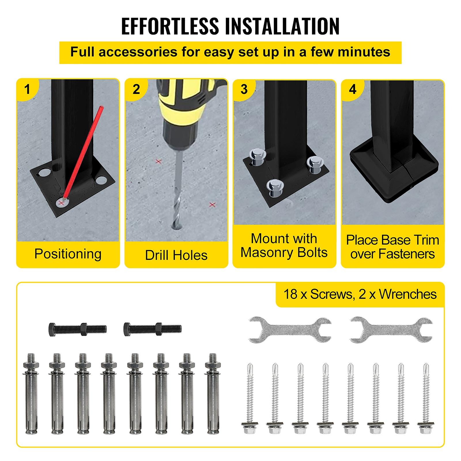 VEVOR 42.5" H x 19.7 " W x 6.3" D Adjustable Iron Handrail Black Fits 1 To 2 Steps Handrail Concrete Decor