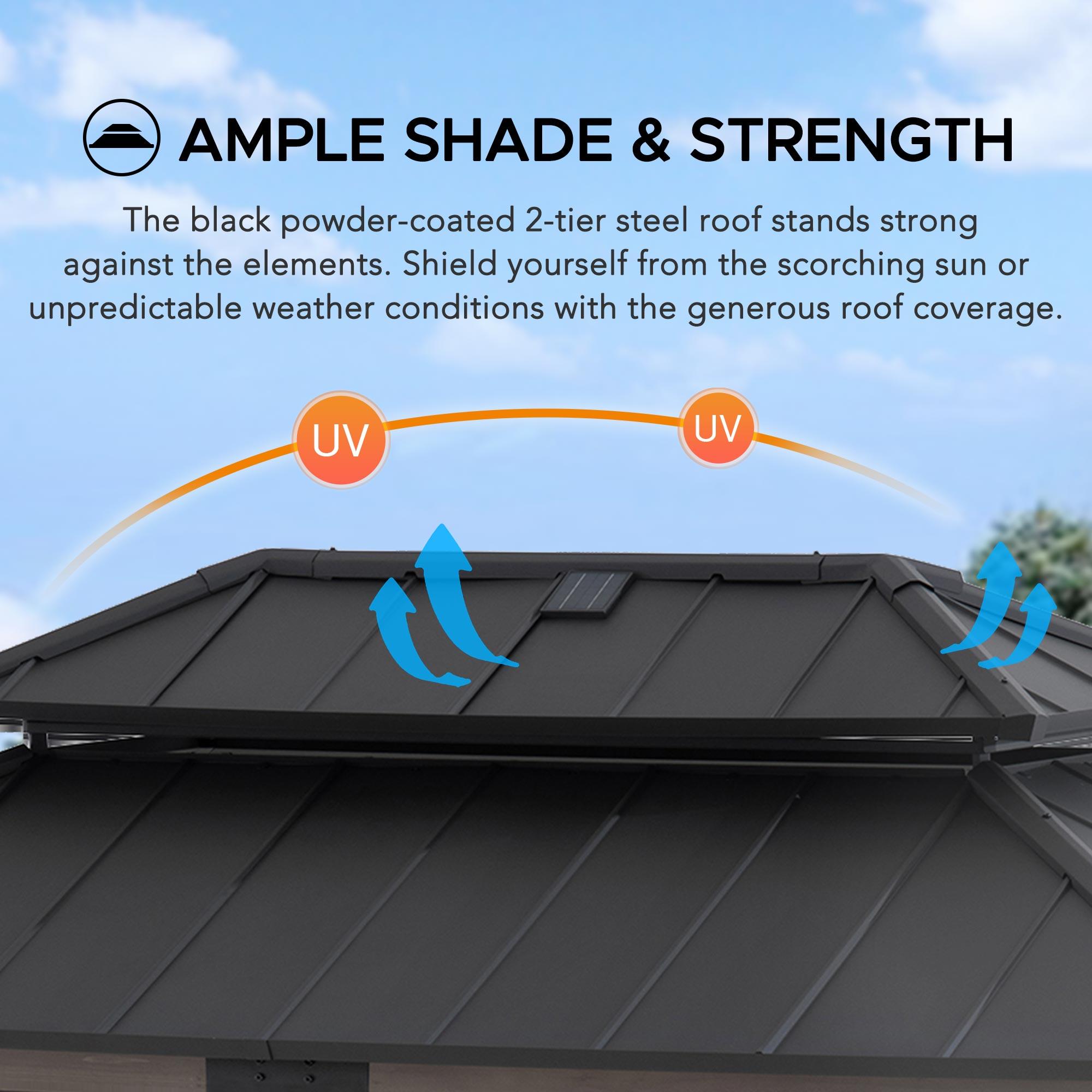 Sunjoy Sunjoy Wooden Grill Gazebo with Solar Power, 8 x 12 ft. Hardtop Gazebo for Year-Round Grilling, Outdoor Cedar Frame Cooking Shelter with Decorative Fence for Backyard BBQs Party