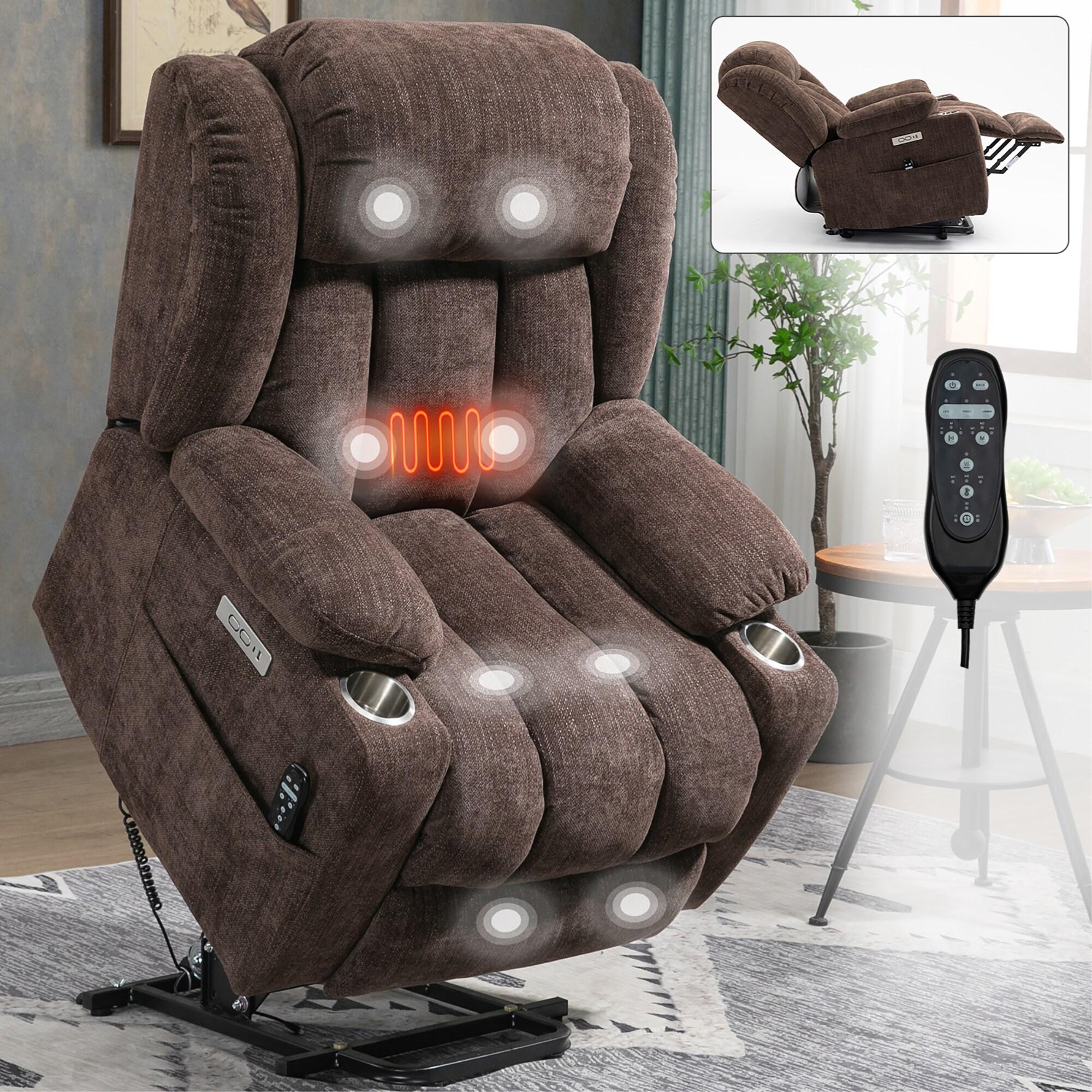 Power Lift Chair with Full-Body Massage and Heat, Electric Recliner Chairs for Adults, Remote Control, Standing Assistance, USB Ports, Stainless Steel Cup Holders, Chenille Brown