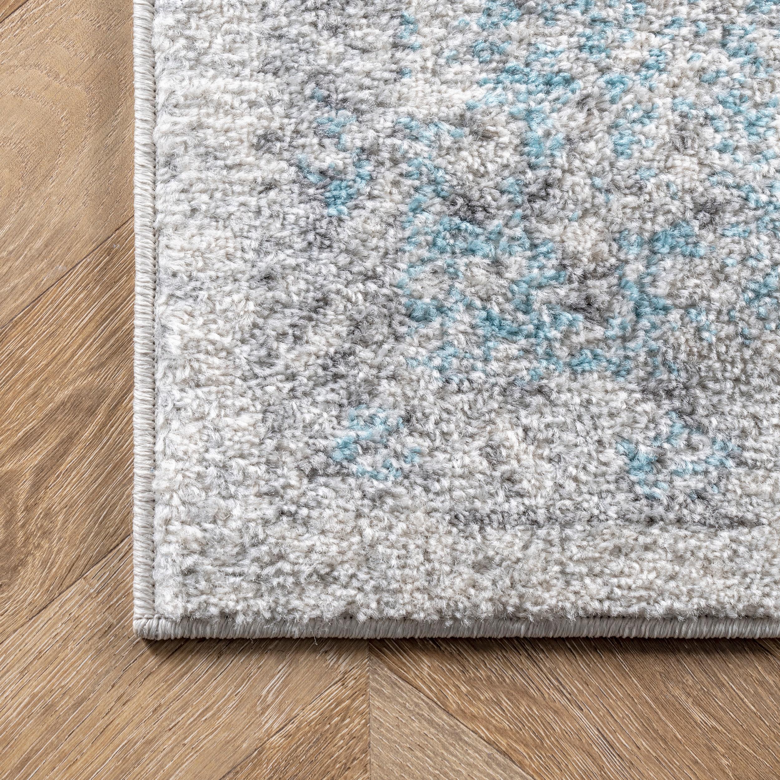 Aqua and Gray Floral Synthetic Reversible Runner Rug, 2' x 6'