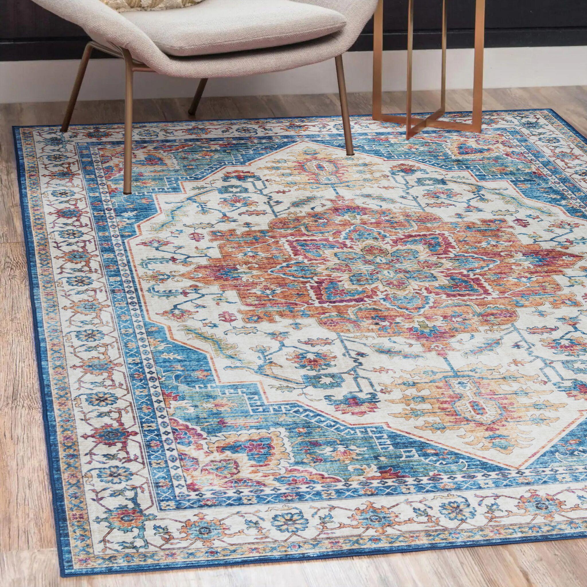 Gertmenian Crystal Print Tiefi Blue Red Multi Traditional Medallion Washable Flat Pile Indoor Area Rug